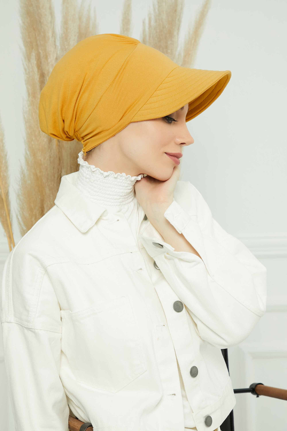 Cotton Visor Women Turban Hat, Sun Protective Newsboy Hat for Women, 95% Cotton Plain Casual Hijab Bonnet Chemo Cap,B-73 Mustard Yellow