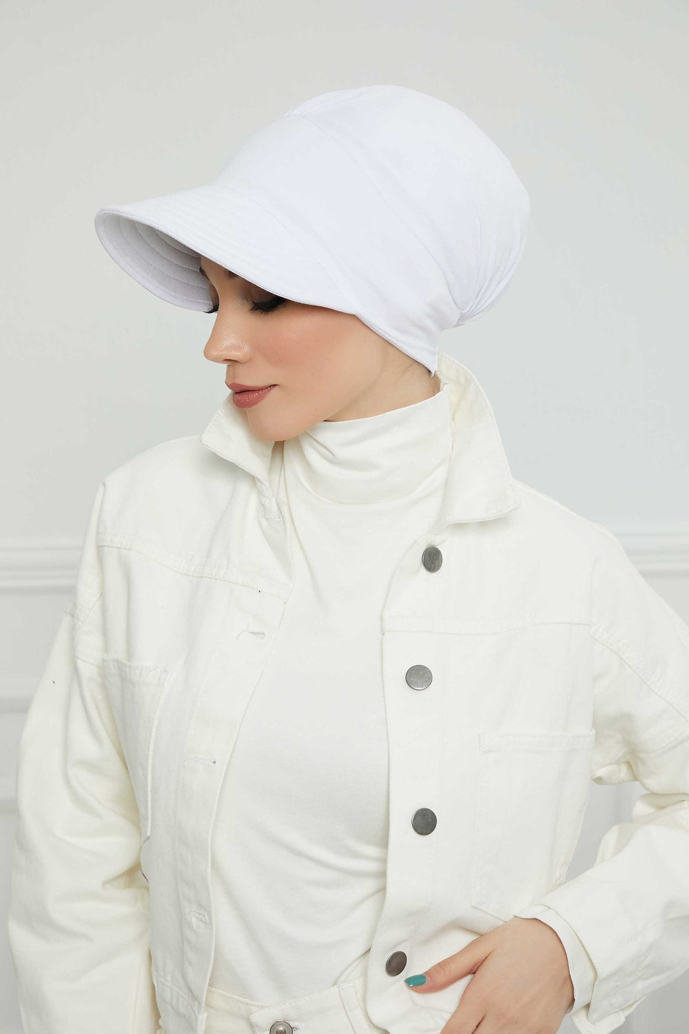 Cotton Visor Women Turban Hat, Sun Protective Newsboy Hat for Women, 95% Cotton Plain Casual Hijab Bonnet Chemo Cap,B-73 White