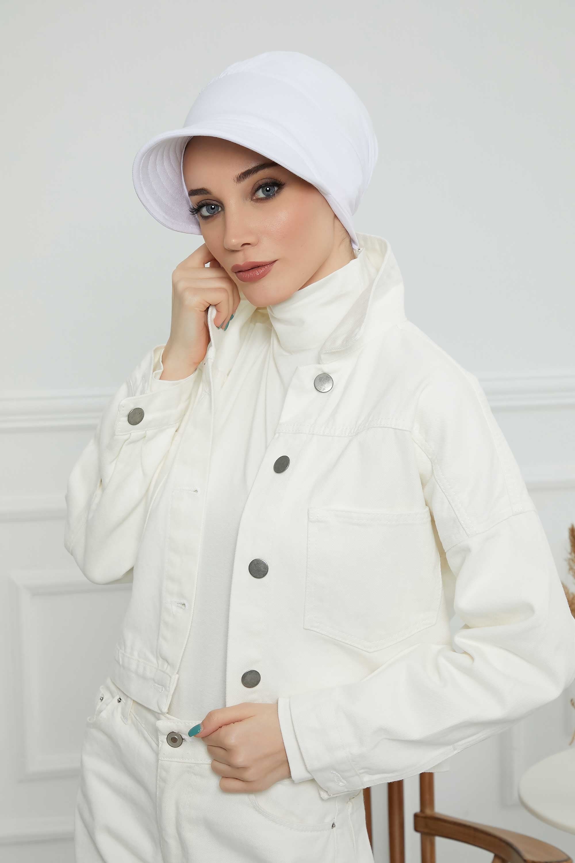 Cotton Visor Women Turban Hat, Sun Protective Newsboy Hat for Women, 95% Cotton Plain Casual Hijab Bonnet Chemo Cap,B-73 White