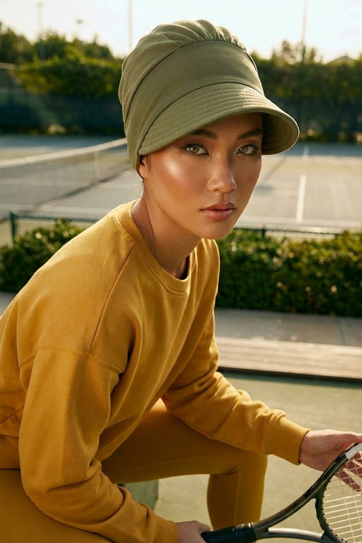 Cotton Visor Women Turban Hat, Sun Protective Newsboy Hat for Women, 95% Cotton Plain Casual Hijab Bonnet Chemo Cap,B-73 Army Green
