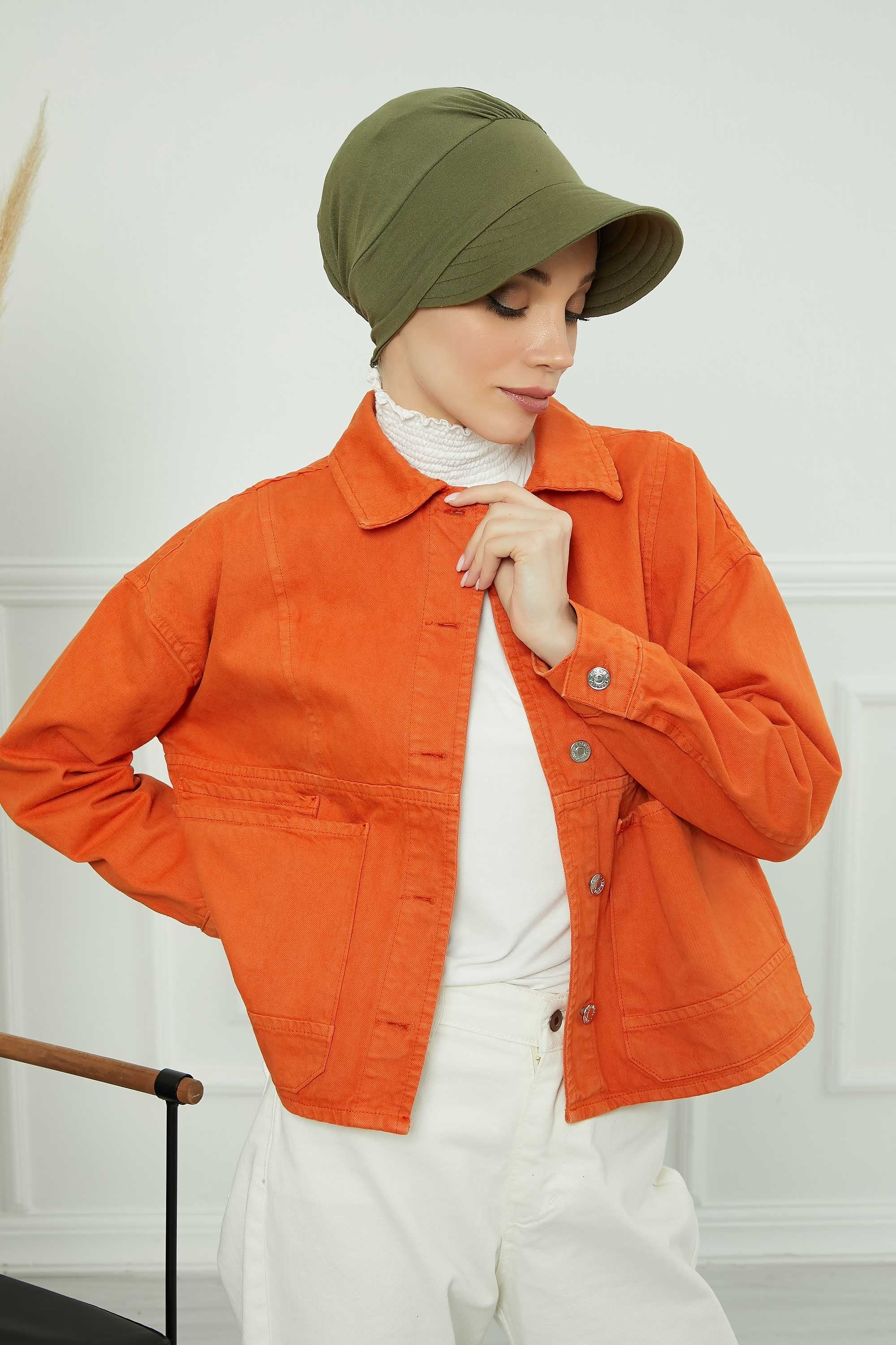Cotton Visor Women Turban Hat, Sun Protective Newsboy Hat for Women, 95% Cotton Plain Casual Hijab Bonnet Chemo Cap,B-73 Army Green