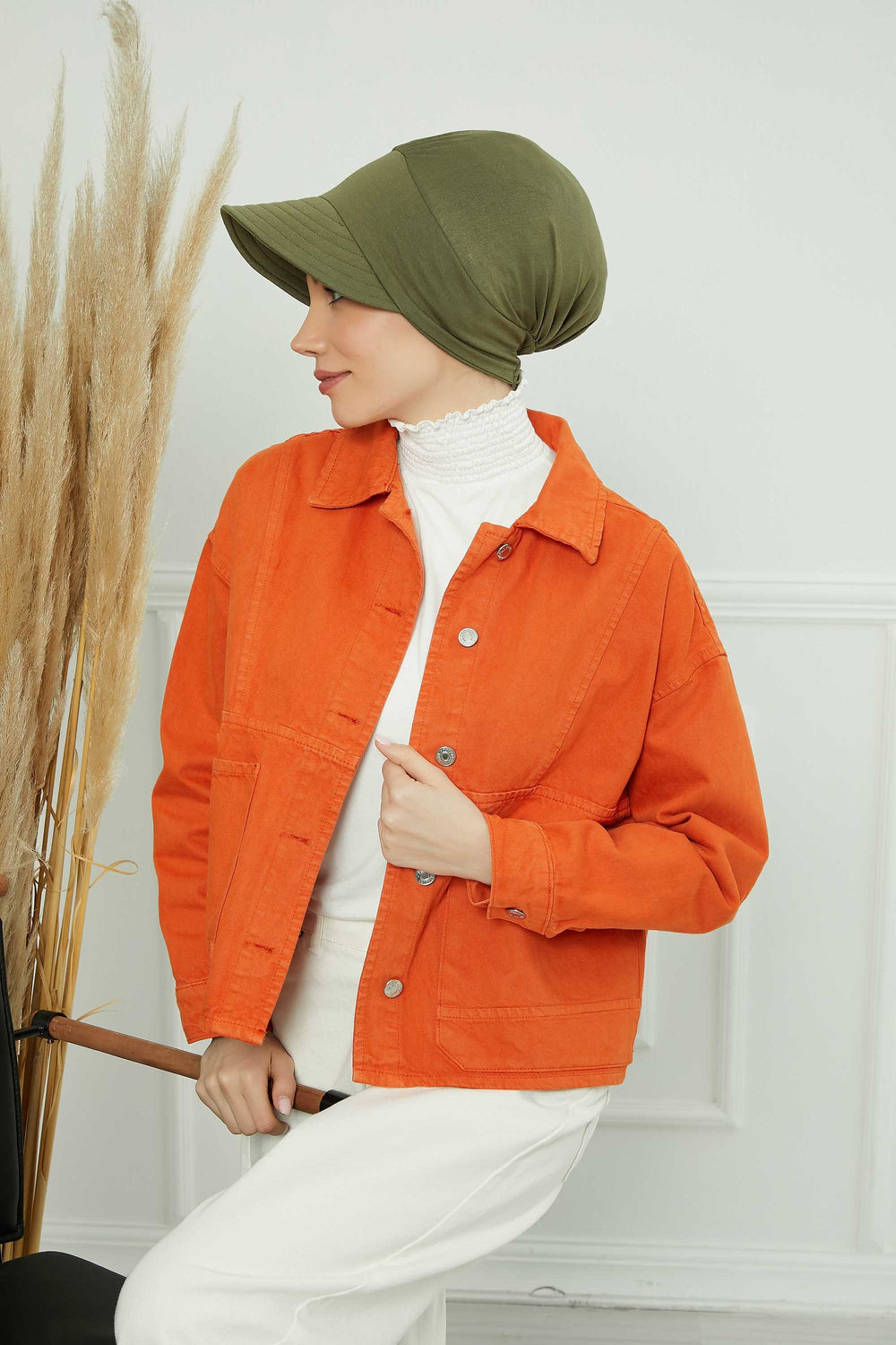 Cotton Visor Women Turban Hat, Sun Protective Newsboy Hat for Women, 95% Cotton Plain Casual Hijab Bonnet Chemo Cap,B-73 Army Green
