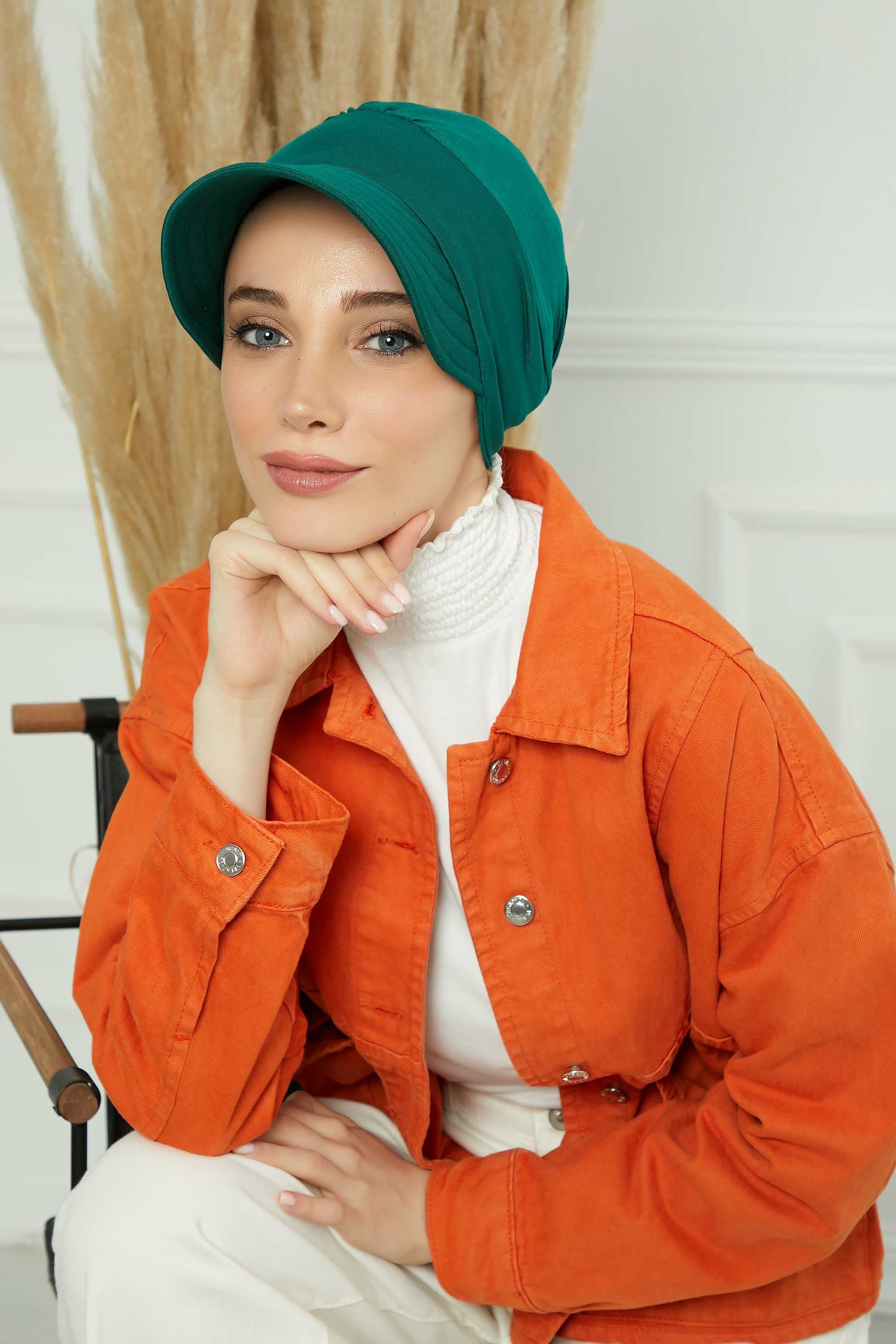 Cotton Visor Women Turban Hat, Sun Protective Newsboy Hat for Women, 95% Cotton Plain Casual Hijab Bonnet Chemo Cap,B-73 Green