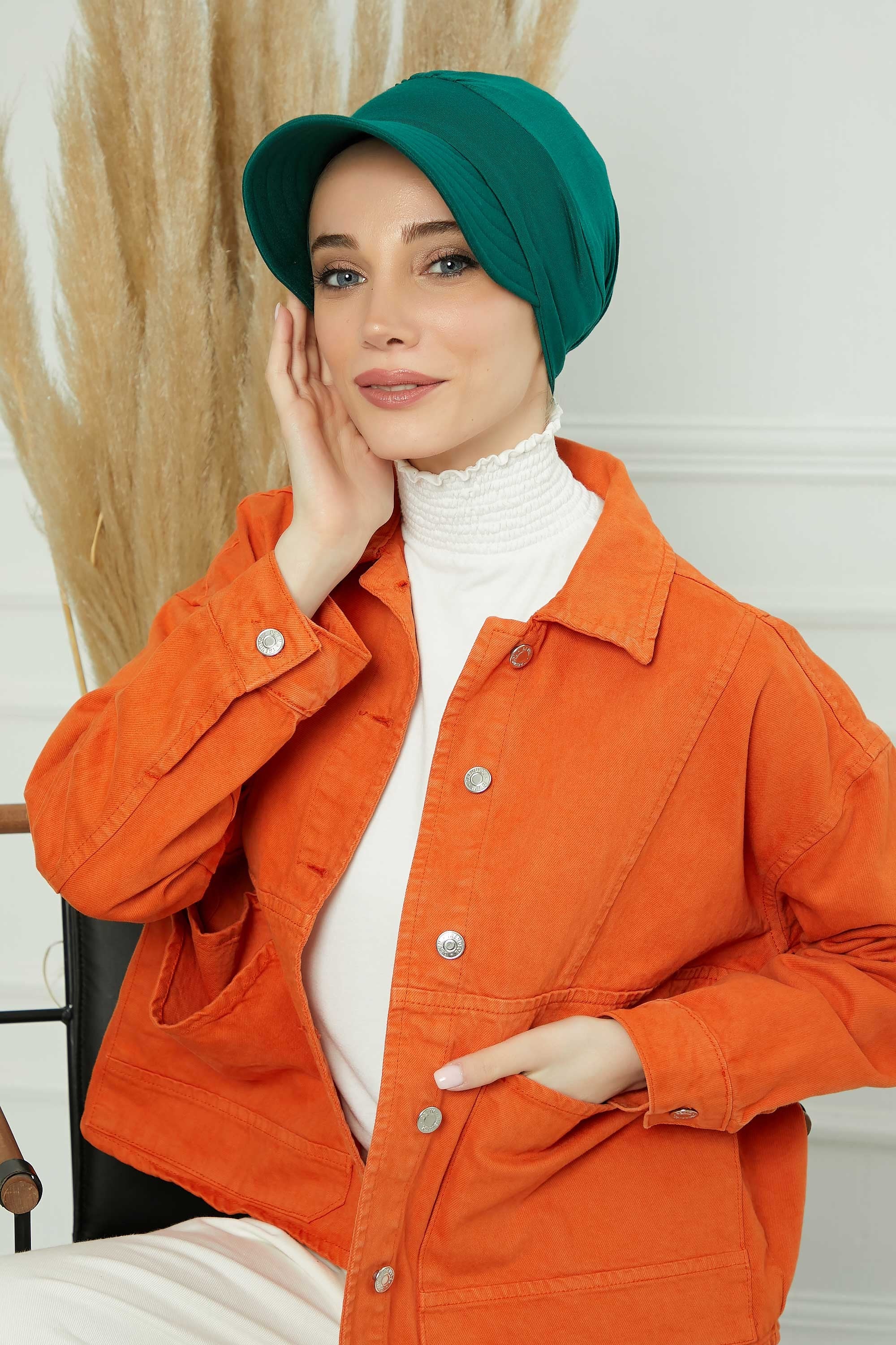Cotton Visor Women Turban Hat, Sun Protective Newsboy Hat for Women, 95% Cotton Plain Casual Hijab Bonnet Chemo Cap,B-73 Green