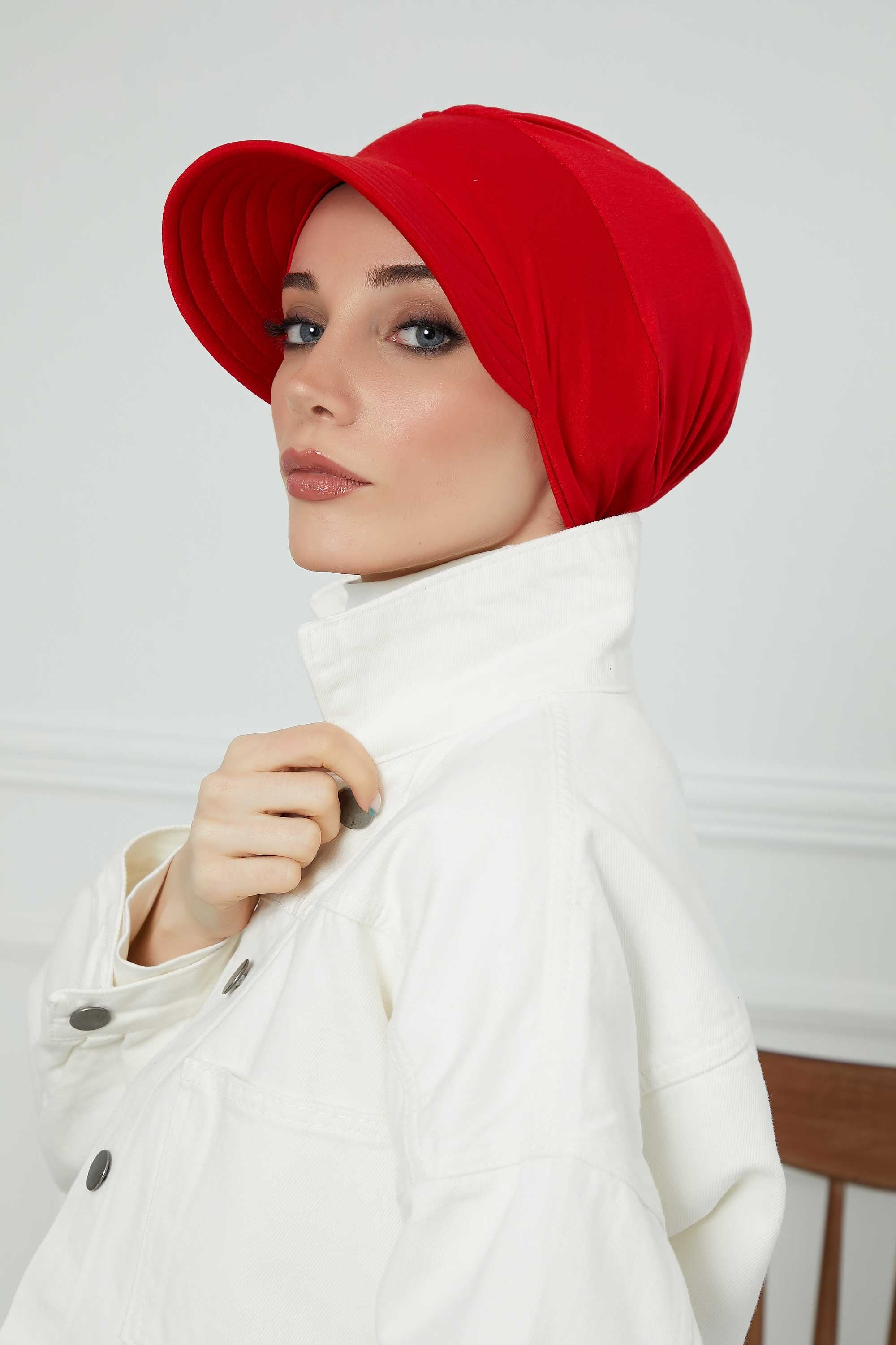 Cotton Visor Women Turban Hat, Sun Protective Newsboy Hat for Women, 95% Cotton Plain Casual Hijab Bonnet Chemo Cap,B-73 Red