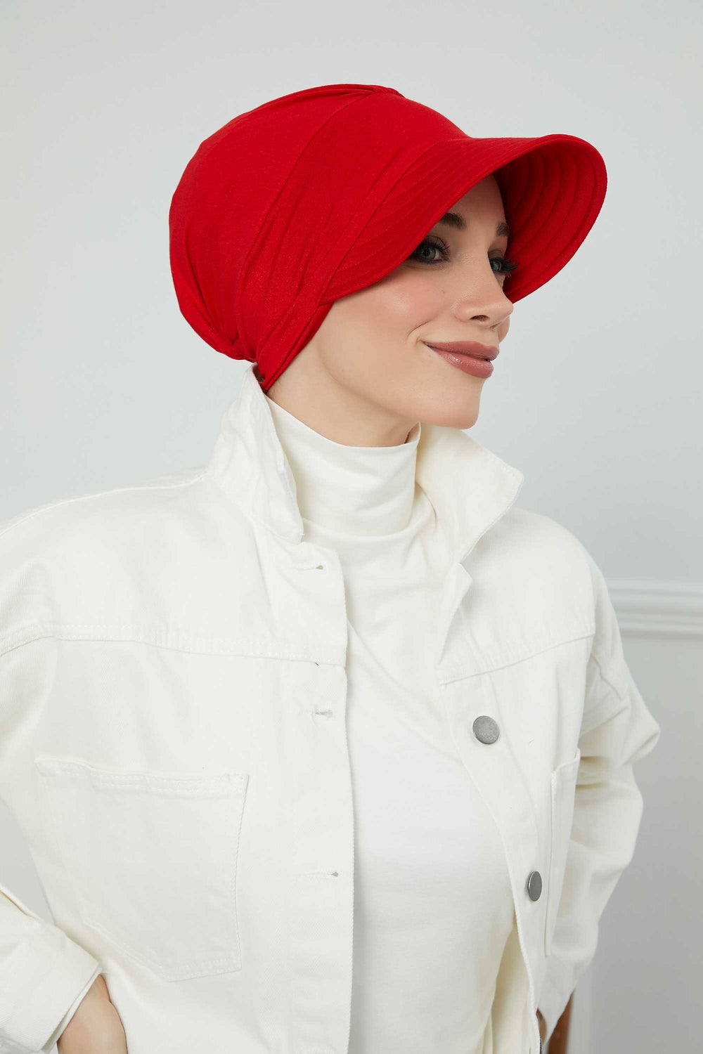 Cotton Visor Women Turban Hat, Sun Protective Newsboy Hat for Women, 95% Cotton Plain Casual Hijab Bonnet Chemo Cap,B-73 Red