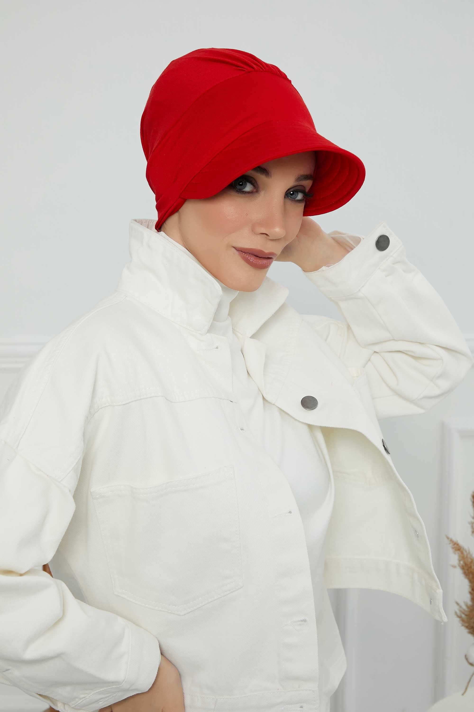 Cotton Visor Women Turban Hat, Sun Protective Newsboy Hat for Women, 95% Cotton Plain Casual Hijab Bonnet Chemo Cap,B-73 Red