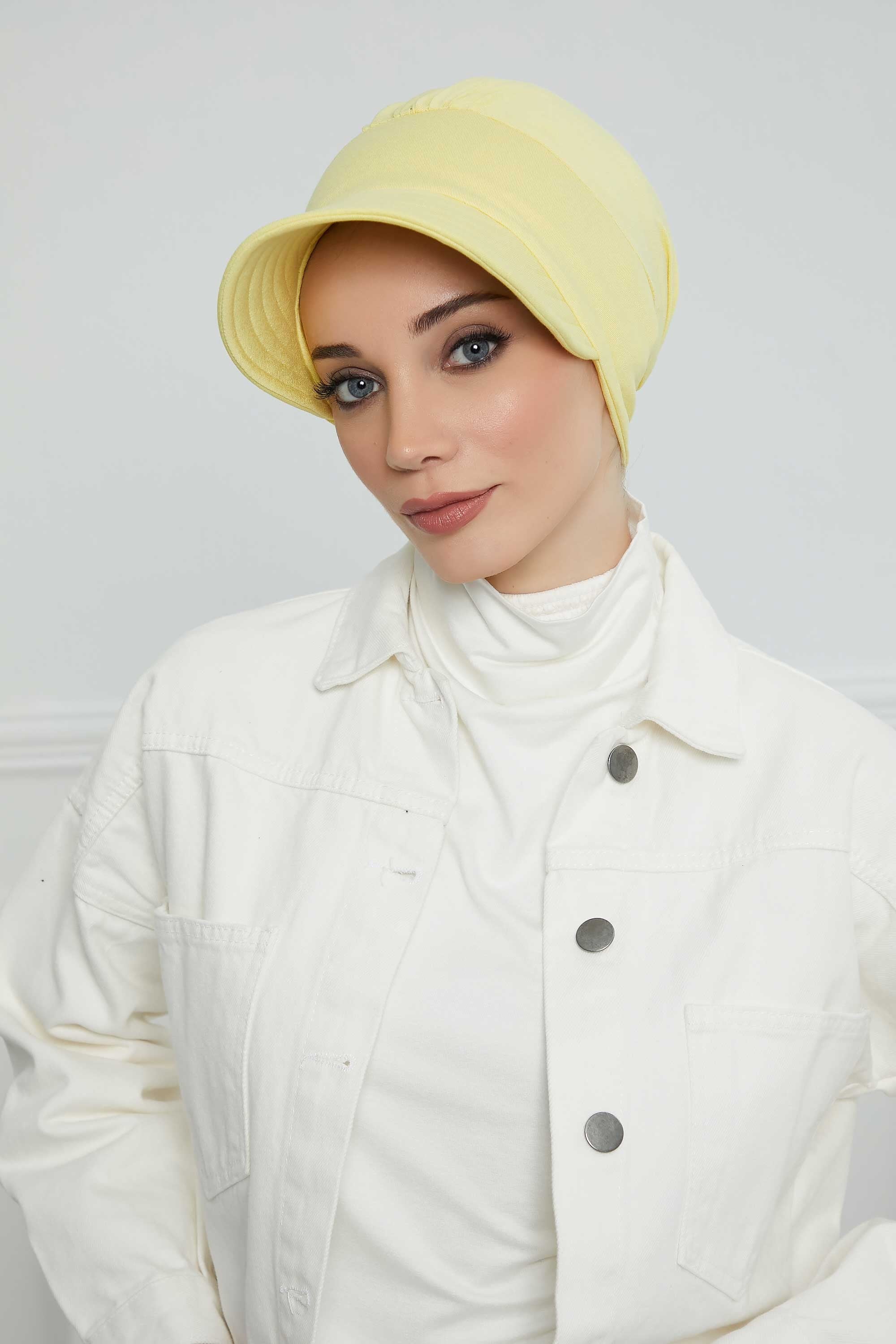 Cotton Visor Women Turban Hat, Sun Protective Newsboy Hat for Women, 95% Cotton Plain Casual Hijab Bonnet Chemo Cap,B-73 Yellow