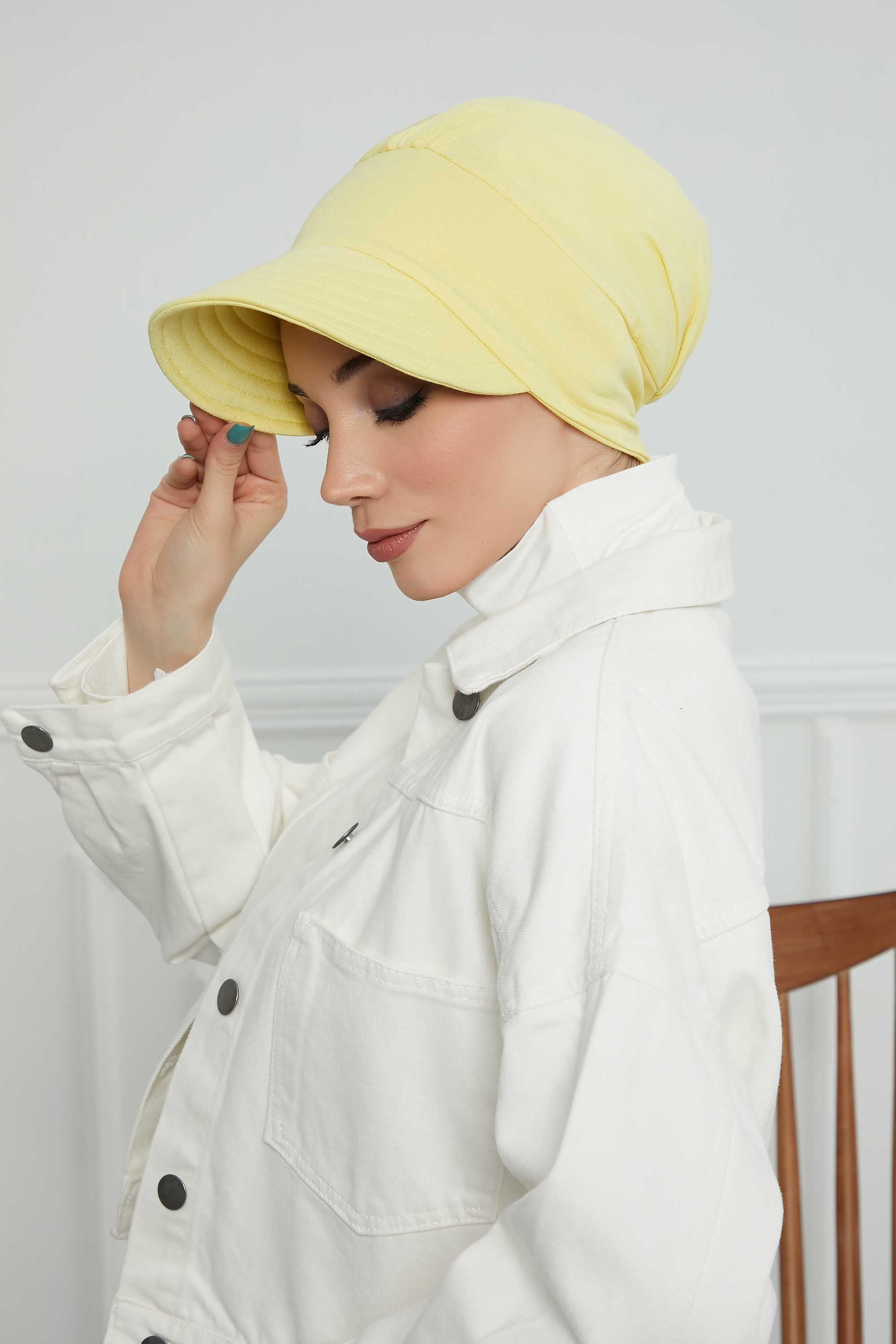 Cotton Visor Women Turban Hat, Sun Protective Newsboy Hat for Women, 95% Cotton Plain Casual Hijab Bonnet Chemo Cap,B-73 Yellow