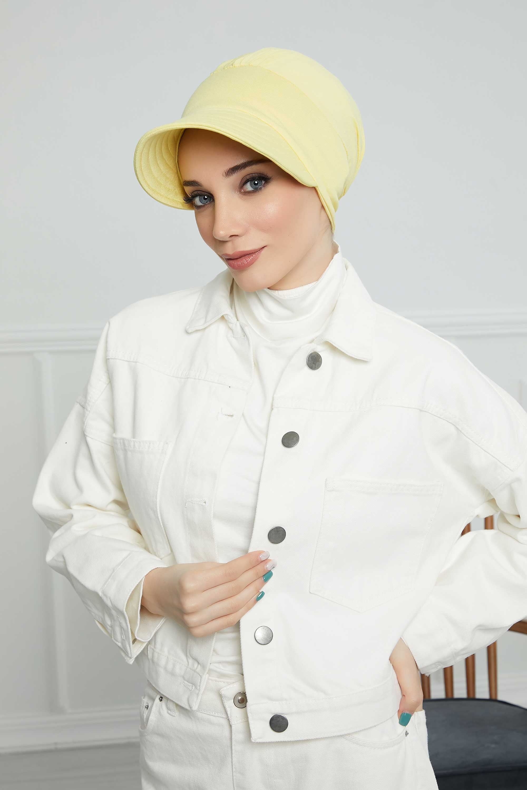 Cotton Visor Women Turban Hat, Sun Protective Newsboy Hat for Women, 95% Cotton Plain Casual Hijab Bonnet Chemo Cap,B-73 Yellow