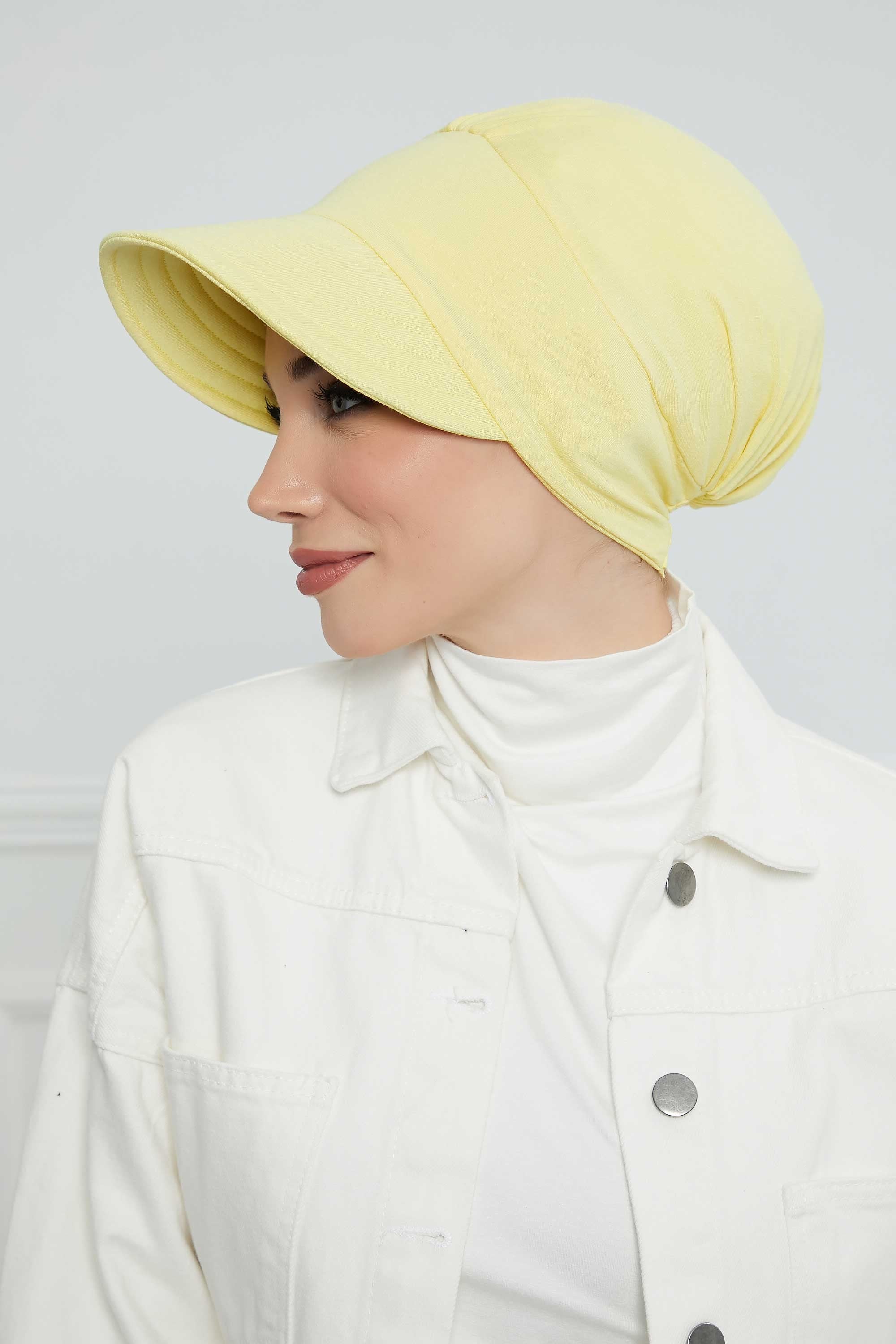 Cotton Visor Women Turban Hat, Sun Protective Newsboy Hat for Women, 95% Cotton Plain Casual Hijab Bonnet Chemo Cap,B-73 Yellow