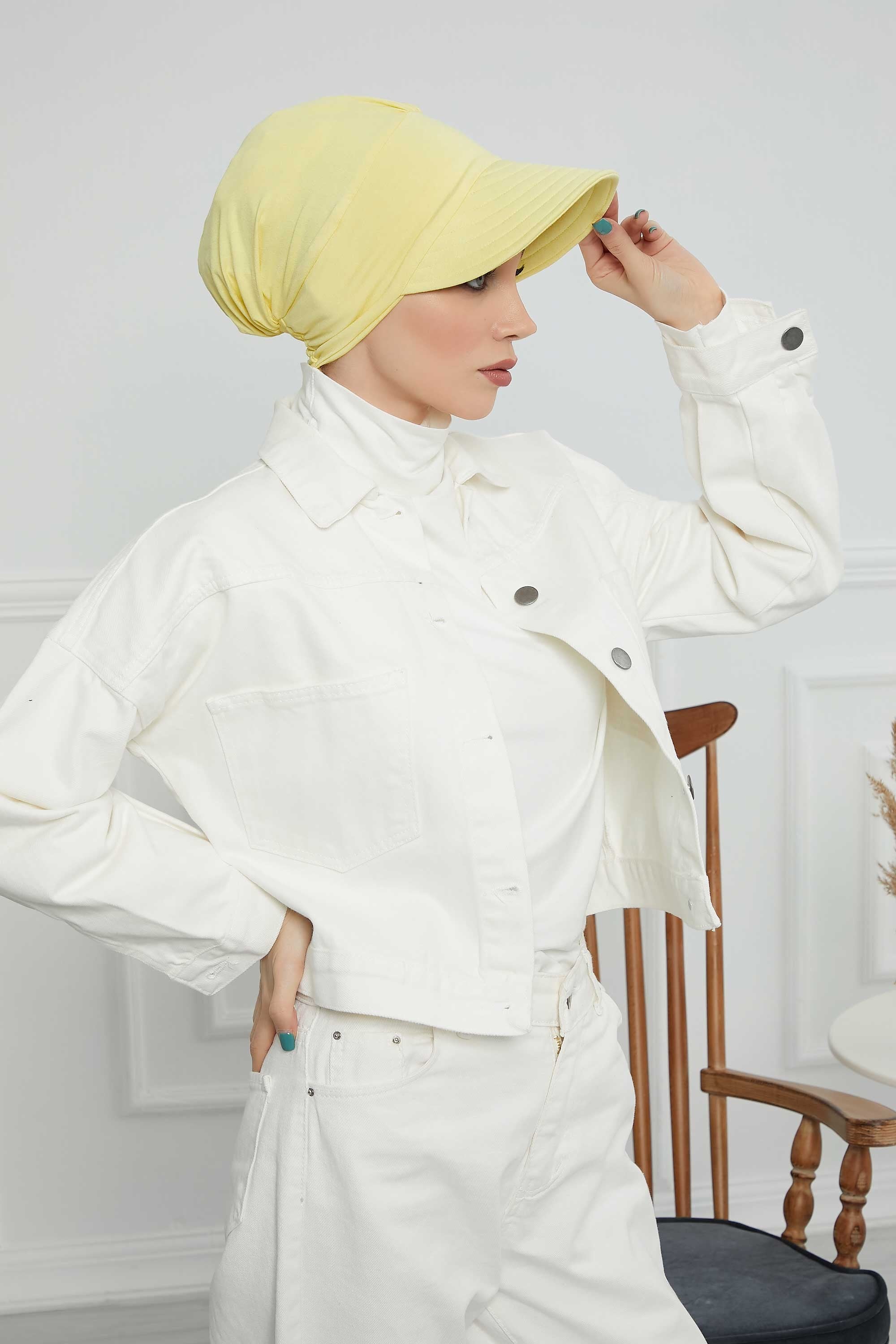 Cotton Visor Women Turban Hat, Sun Protective Newsboy Hat for Women, 95% Cotton Plain Casual Hijab Bonnet Chemo Cap,B-73 Yellow