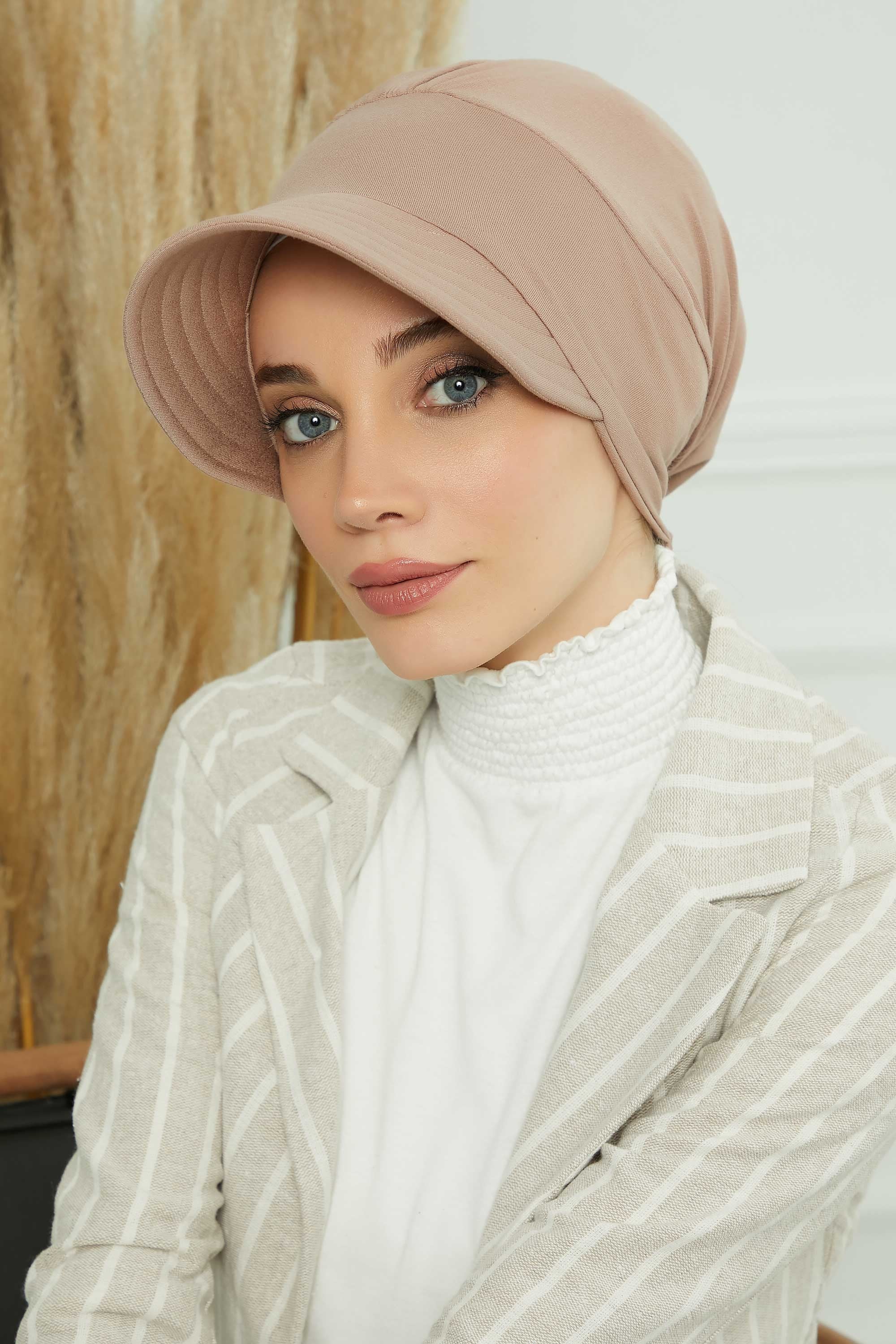 Cotton Visor Women Turban Hat, Sun Protective Newsboy Hat for Women, 95% Cotton Plain Casual Hijab Bonnet Chemo Cap,B-73 Mink