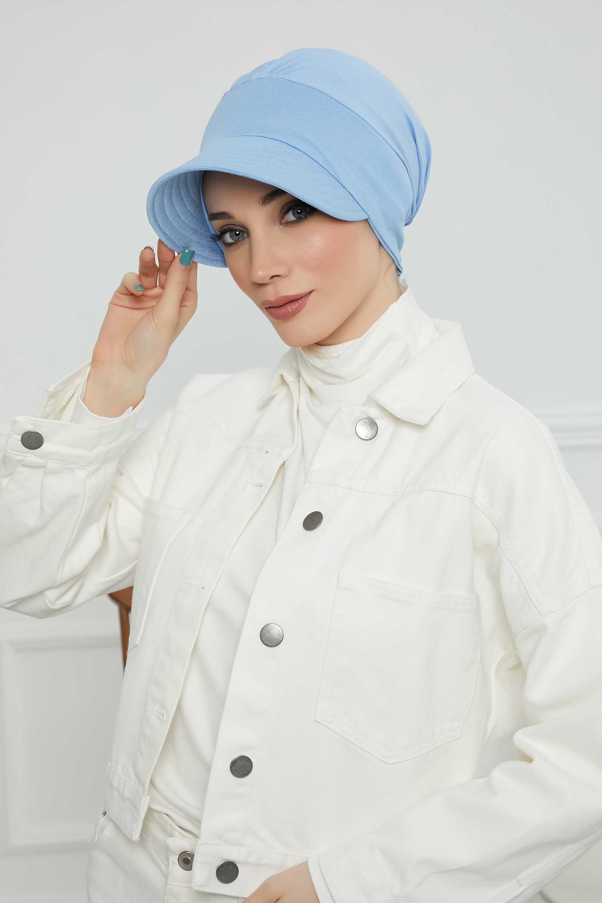 Cotton Visor Women Turban Hat, Sun Protective Newsboy Hat for Women, 95% Cotton Plain Casual Hijab Bonnet Chemo Cap,B-73 Blue