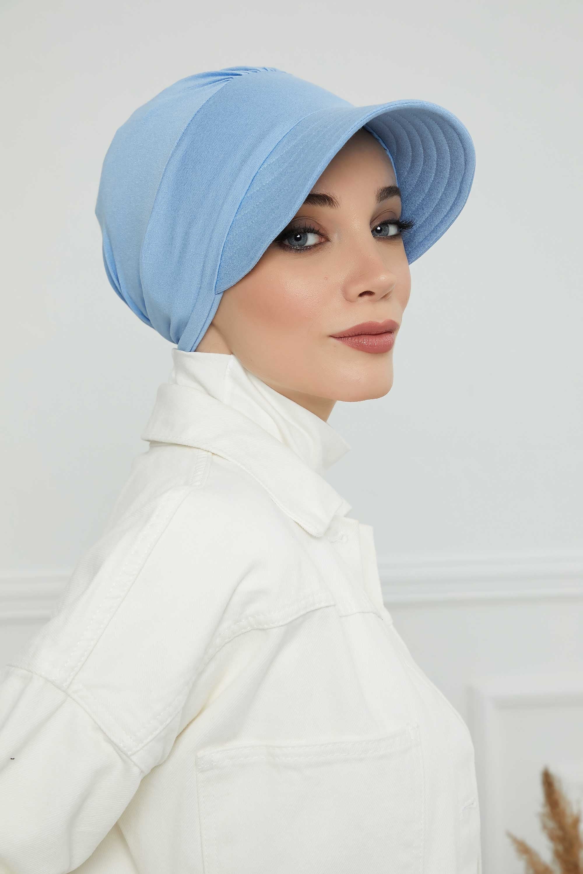 Cotton Visor Women Turban Hat, Sun Protective Newsboy Hat for Women, 95% Cotton Plain Casual Hijab Bonnet Chemo Cap,B-73 Blue
