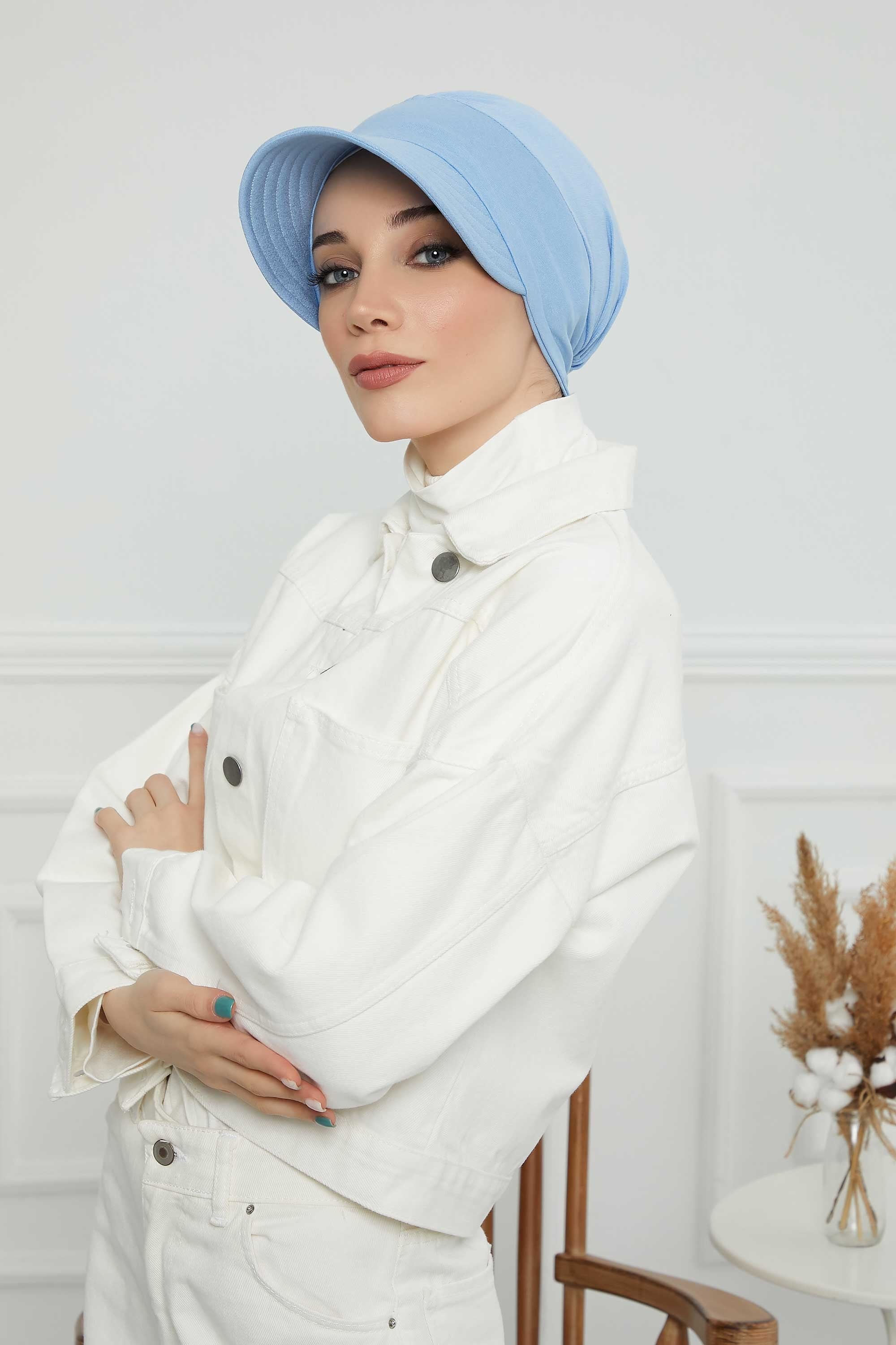 Cotton Visor Women Turban Hat, Sun Protective Newsboy Hat for Women, 95% Cotton Plain Casual Hijab Bonnet Chemo Cap,B-73 Blue