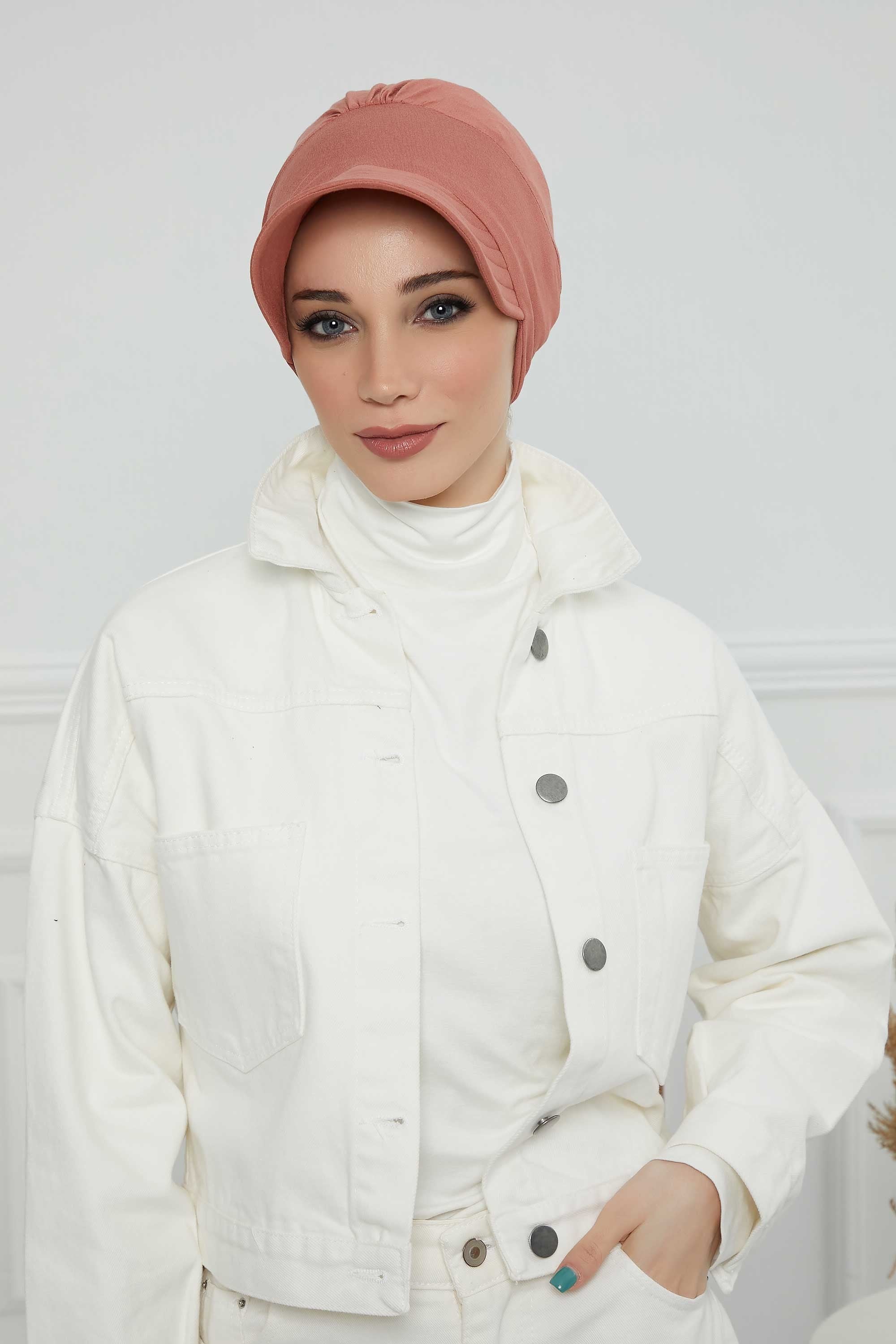 Cotton Visor Women Turban Hat, Sun Protective Newsboy Hat for Women, 95% Cotton Plain Casual Hijab Bonnet Chemo Cap,B-73 Salmon