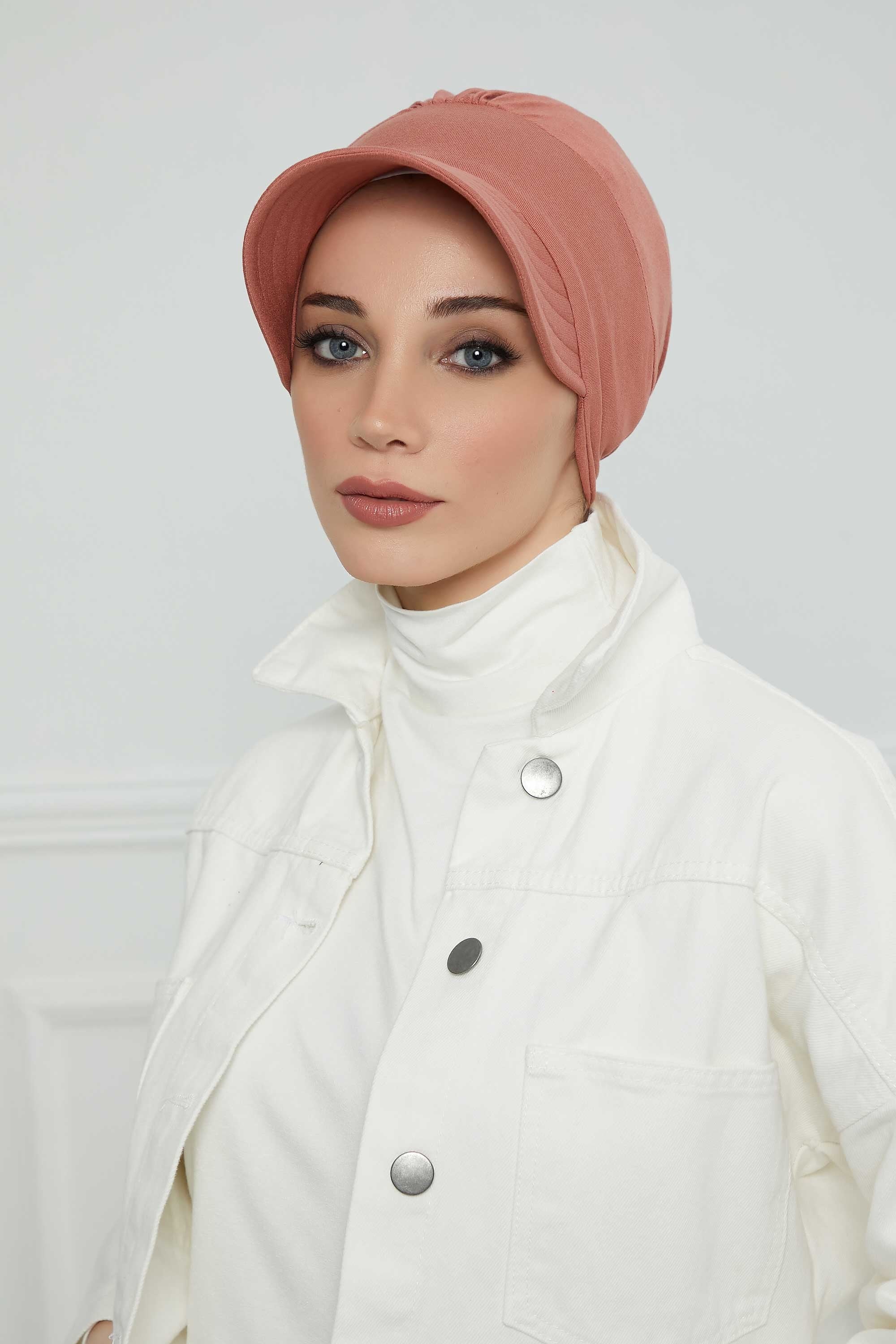 Cotton Visor Women Turban Hat, Sun Protective Newsboy Hat for Women, 95% Cotton Plain Casual Hijab Bonnet Chemo Cap,B-73 Salmon