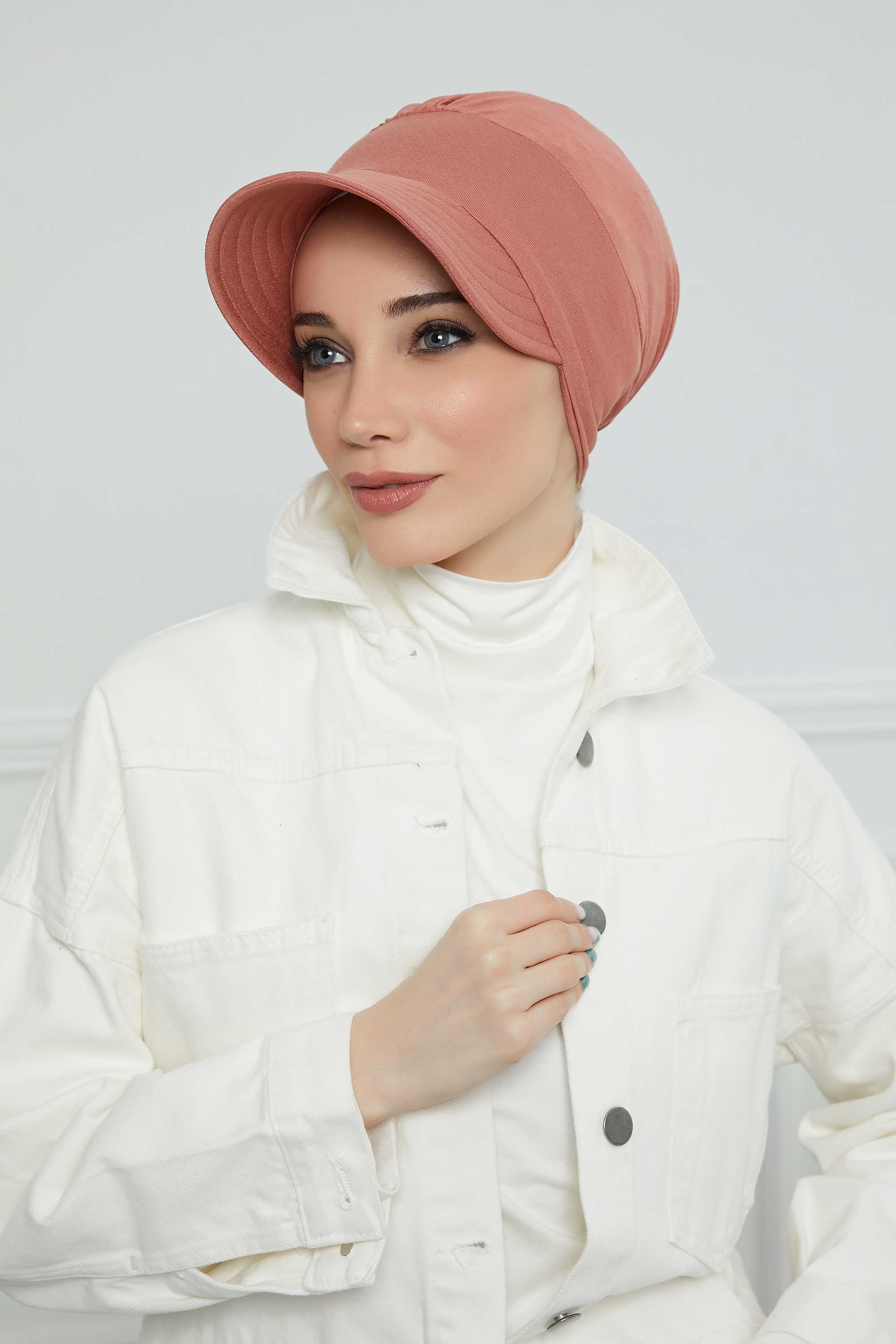 Cotton Visor Women Turban Hat, Sun Protective Newsboy Hat for Women, 95% Cotton Plain Casual Hijab Bonnet Chemo Cap,B-73 Salmon