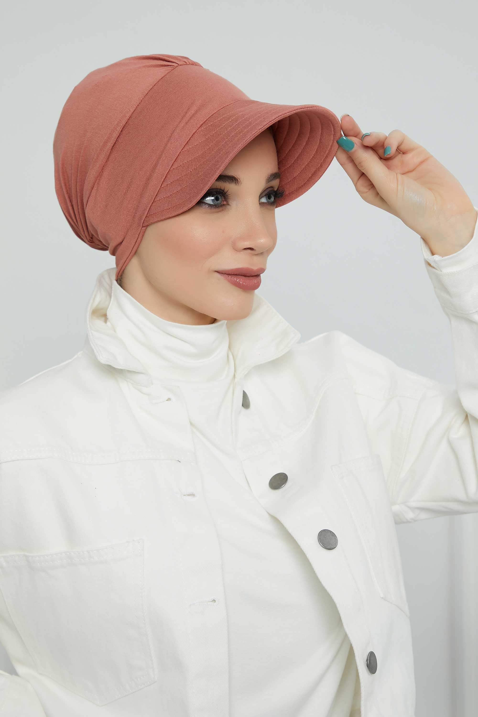 Cotton Visor Women Turban Hat, Sun Protective Newsboy Hat for Women, 95% Cotton Plain Casual Hijab Bonnet Chemo Cap,B-73 Salmon