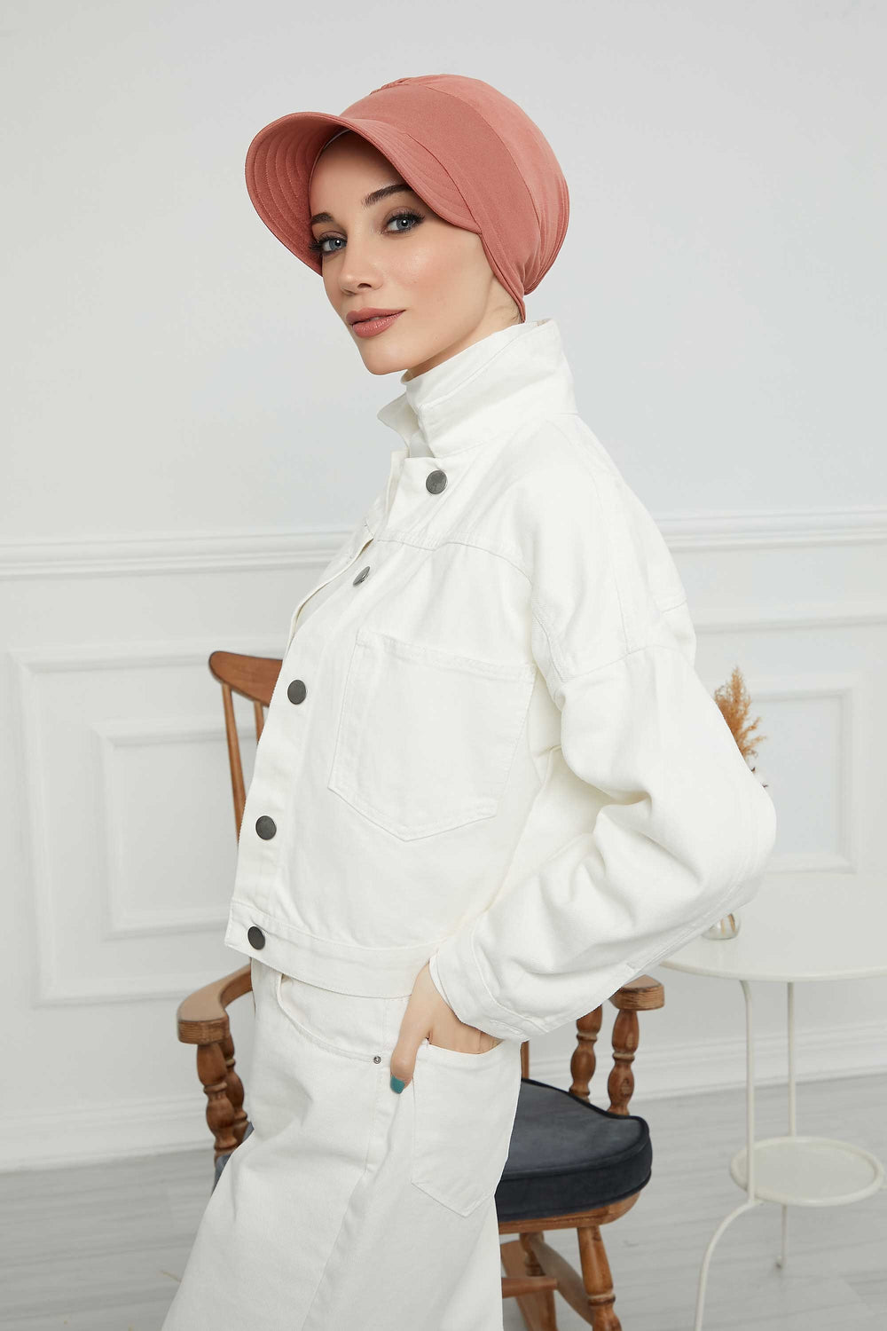 Cotton Visor Women Turban Hat, Sun Protective Newsboy Hat for Women, 95% Cotton Plain Casual Hijab Bonnet Chemo Cap,B-73 Salmon
