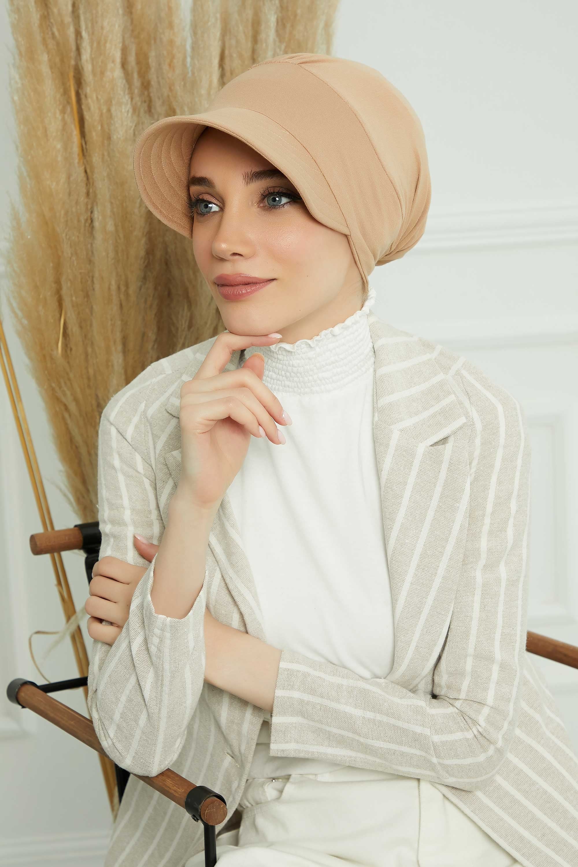 Cotton Visor Women Turban Hat, Sun Protective Newsboy Hat for Women, 95% Cotton Plain Casual Hijab Bonnet Chemo Cap,B-73 Sand Brown