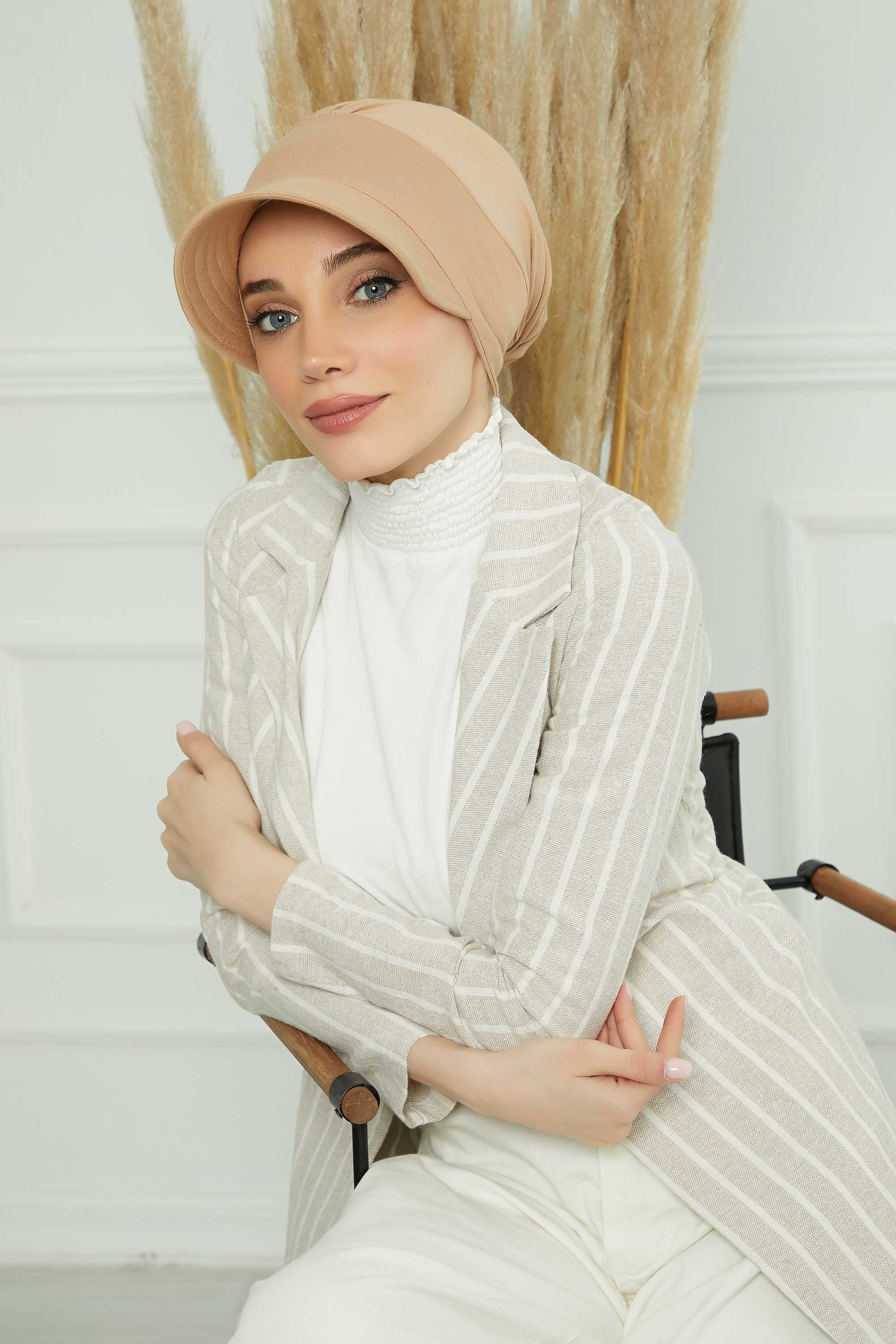Cotton Visor Women Turban Hat, Sun Protective Newsboy Hat for Women, 95% Cotton Plain Casual Hijab Bonnet Chemo Cap,B-73 Sand Brown