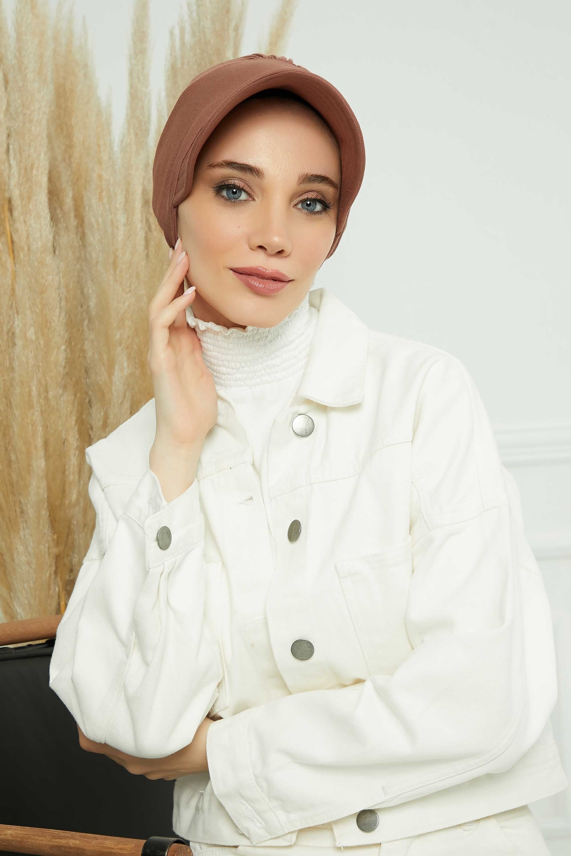 Cotton Visor Women Turban Hat, Sun Protective Newsboy Hat for Women, 95% Cotton Plain Casual Hijab Bonnet Chemo Cap,B-73 Caramel Brown
