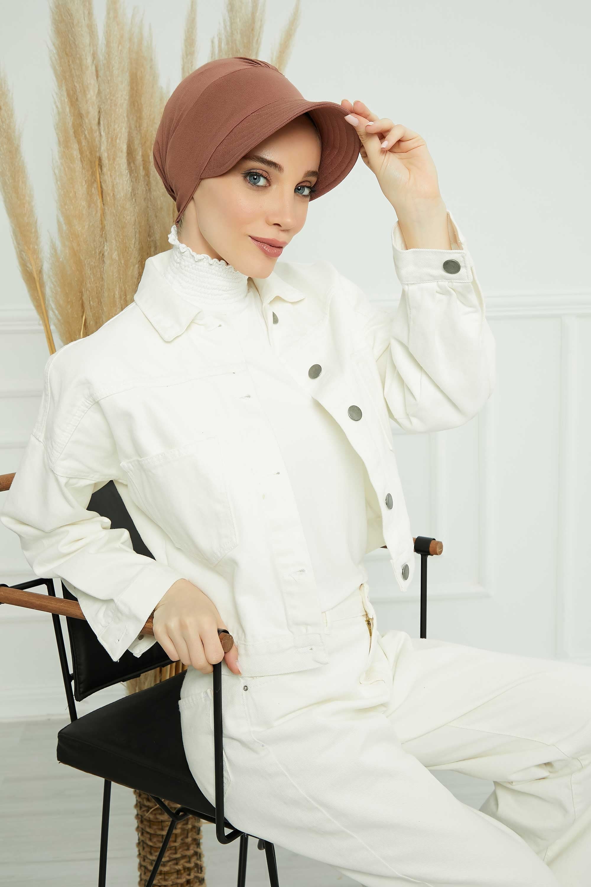 Cotton Visor Women Turban Hat, Sun Protective Newsboy Hat for Women, 95% Cotton Plain Casual Hijab Bonnet Chemo Cap,B-73 Caramel Brown
