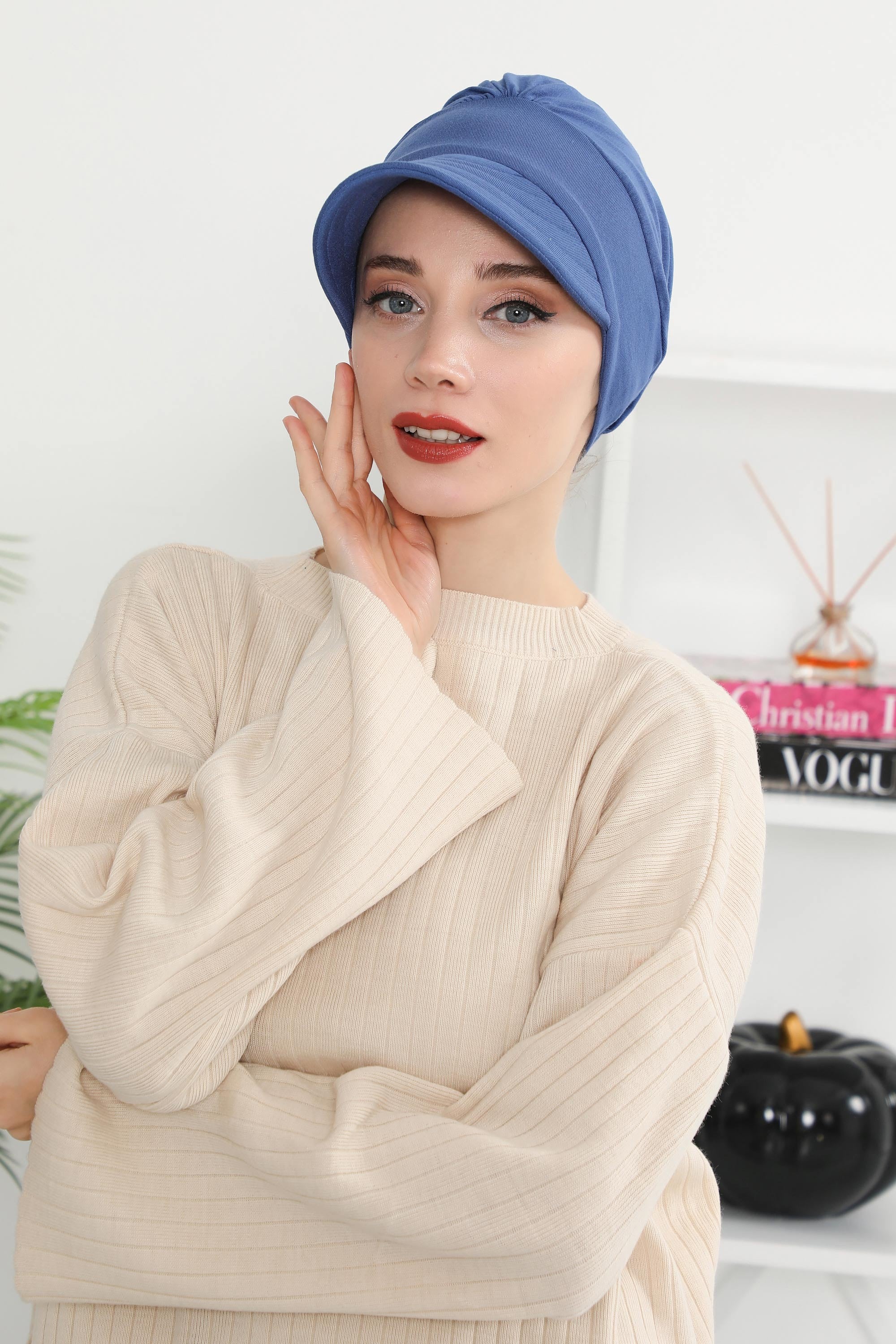 Cotton Visor Women Turban Hat, Sun Protective Newsboy Hat for Women, 95% Cotton Plain Casual Hijab Bonnet Chemo Cap,B-73 İndigo