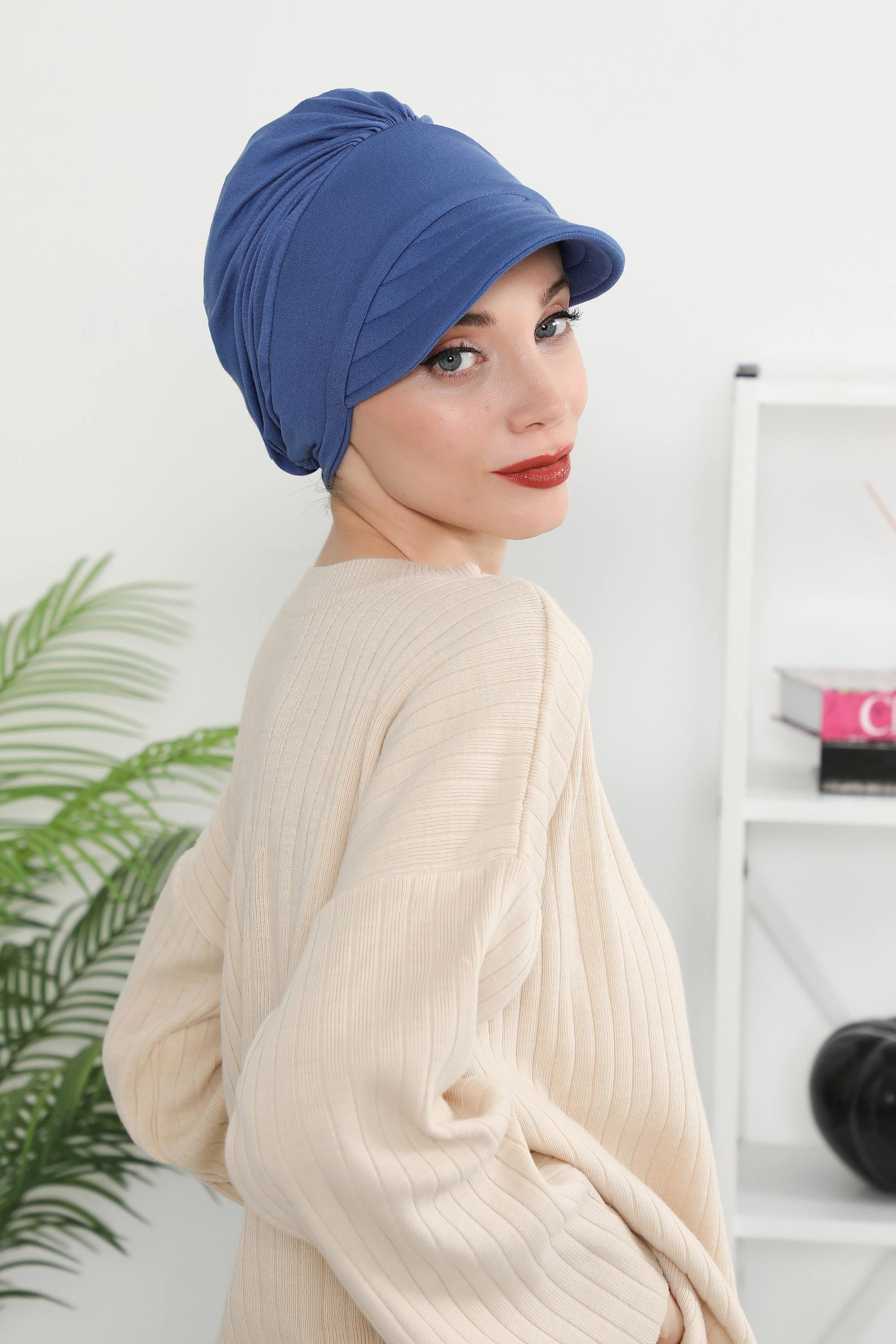 Cotton Visor Women Turban Hat, Sun Protective Newsboy Hat for Women, 95% Cotton Plain Casual Hijab Bonnet Chemo Cap,B-73 İndigo