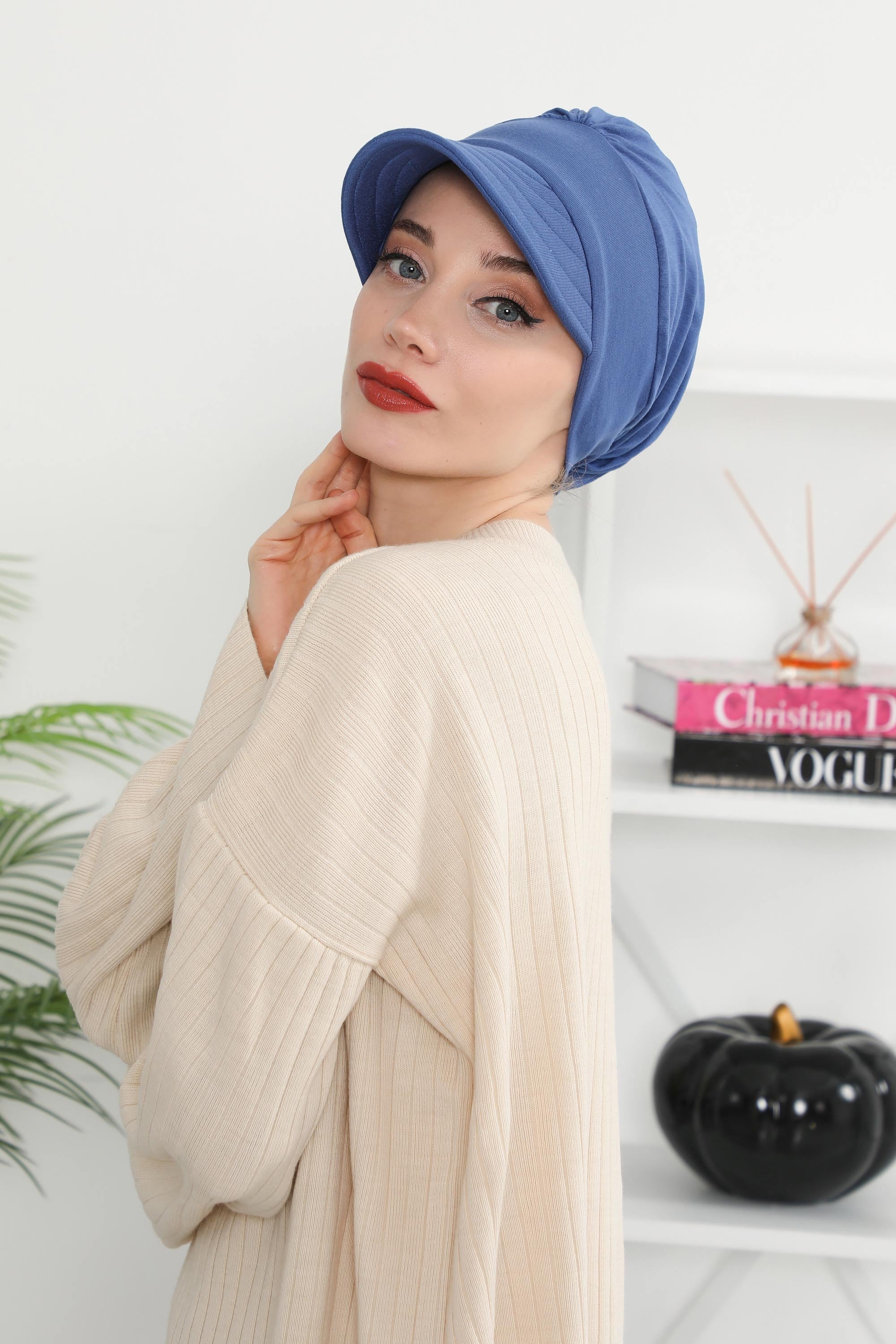 Cotton Visor Women Turban Hat, Sun Protective Newsboy Hat for Women, 95% Cotton Plain Casual Hijab Bonnet Chemo Cap,B-73 İndigo