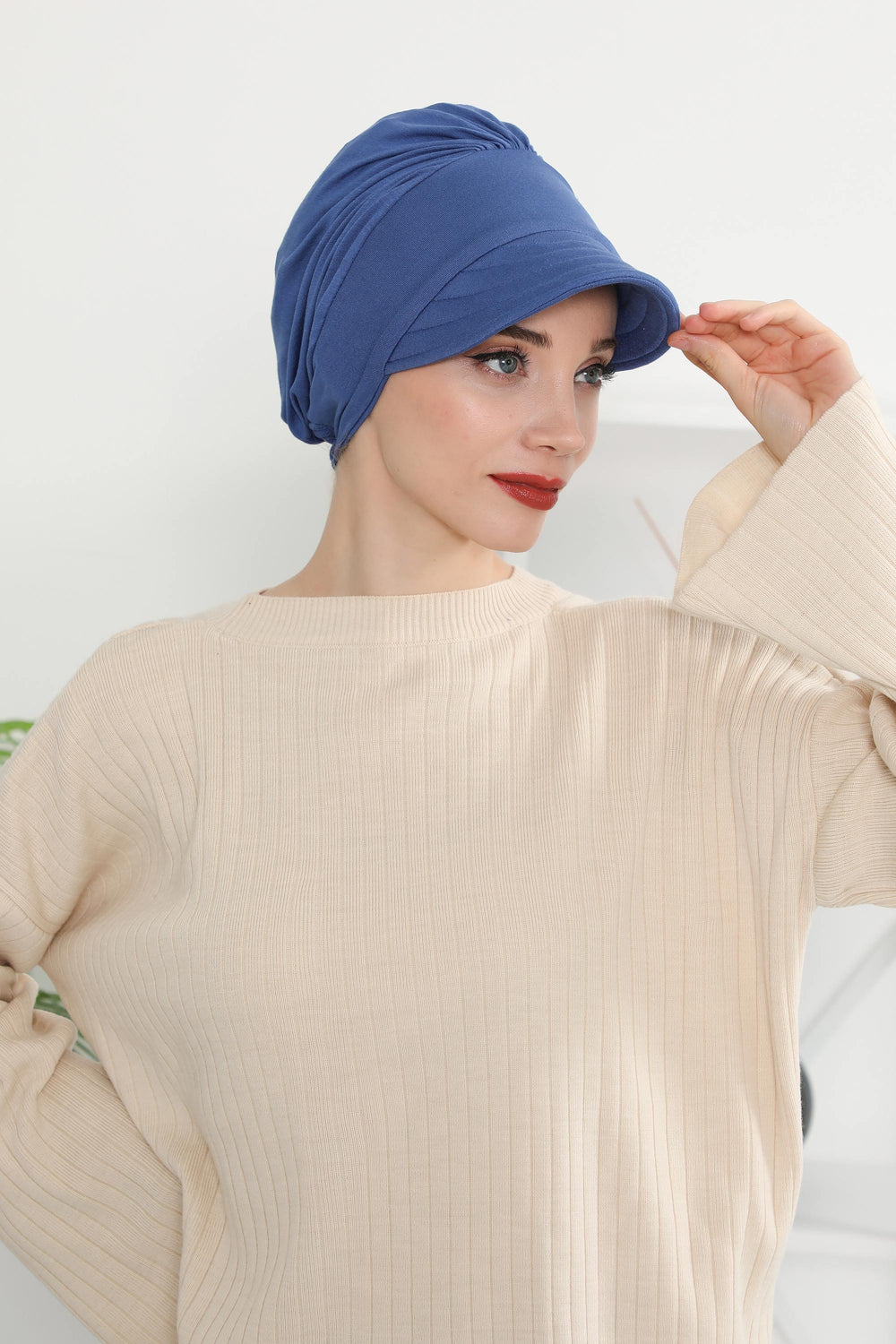 Cotton Visor Women Turban Hat, Sun Protective Newsboy Hat for Women, 95% Cotton Plain Casual Hijab Bonnet Chemo Cap,B-73 İndigo
