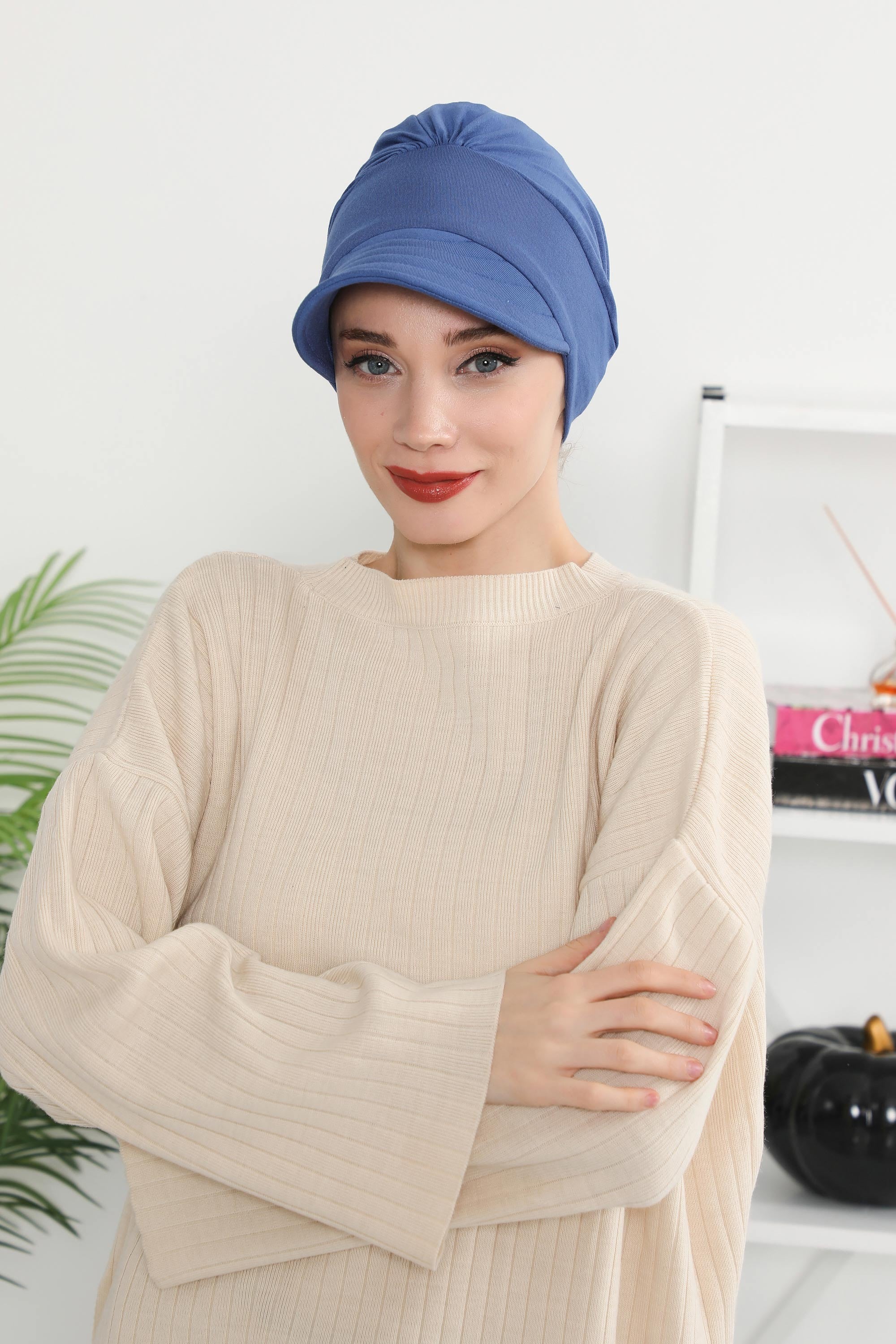 Cotton Visor Women Turban Hat, Sun Protective Newsboy Hat for Women, 95% Cotton Plain Casual Hijab Bonnet Chemo Cap,B-73 İndigo