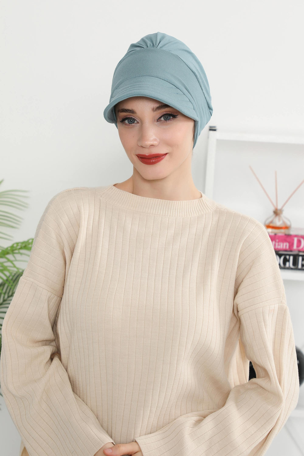 Cotton Visor Women Turban Hat, Sun Protective Newsboy Hat for Women, 95% Cotton Plain Casual Hijab Bonnet Chemo Cap,B-73 Dark Mint