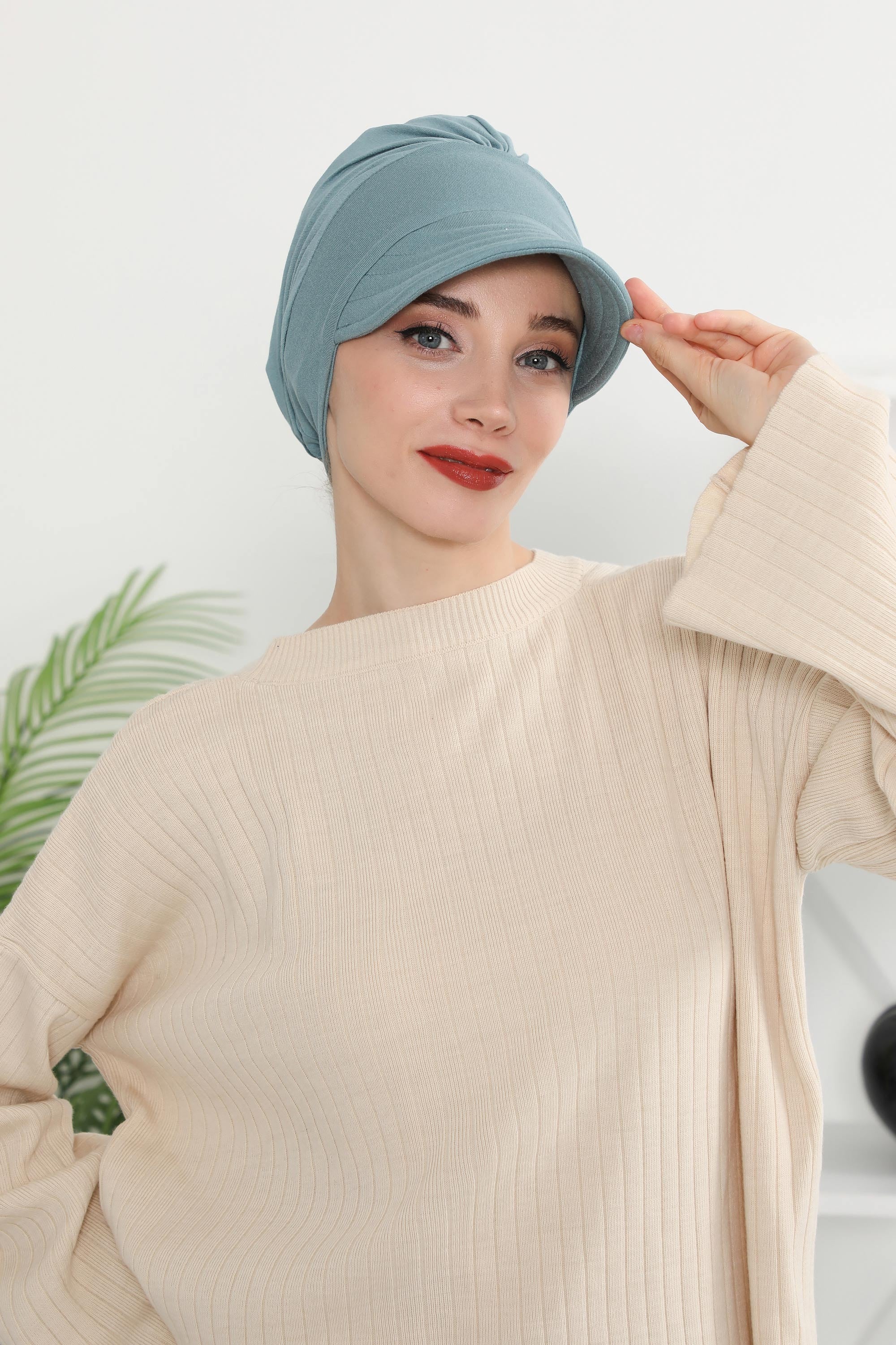 Cotton Visor Women Turban Hat, Sun Protective Newsboy Hat for Women, 95% Cotton Plain Casual Hijab Bonnet Chemo Cap,B-73 Dark Mint