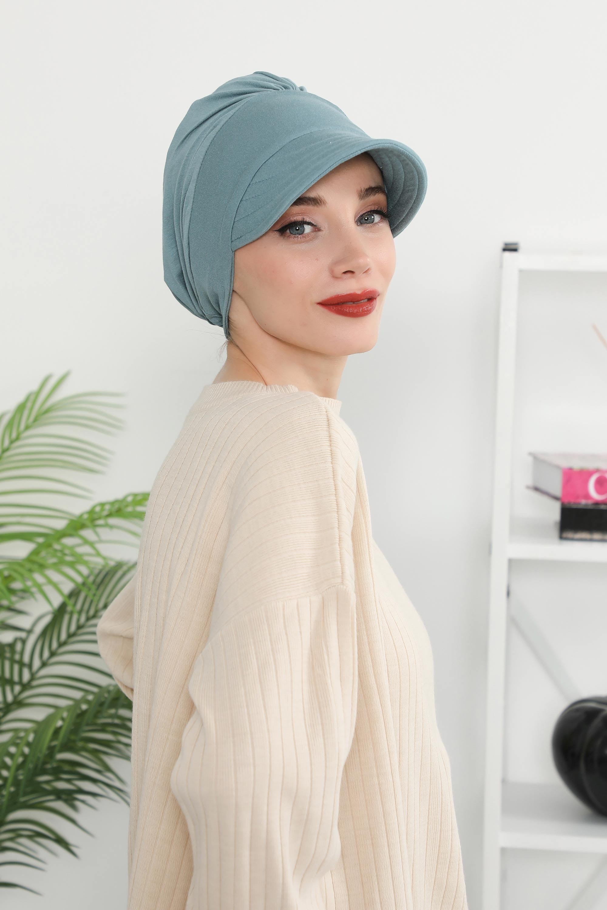 Cotton Visor Women Turban Hat, Sun Protective Newsboy Hat for Women, 95% Cotton Plain Casual Hijab Bonnet Chemo Cap,B-73 Dark Mint