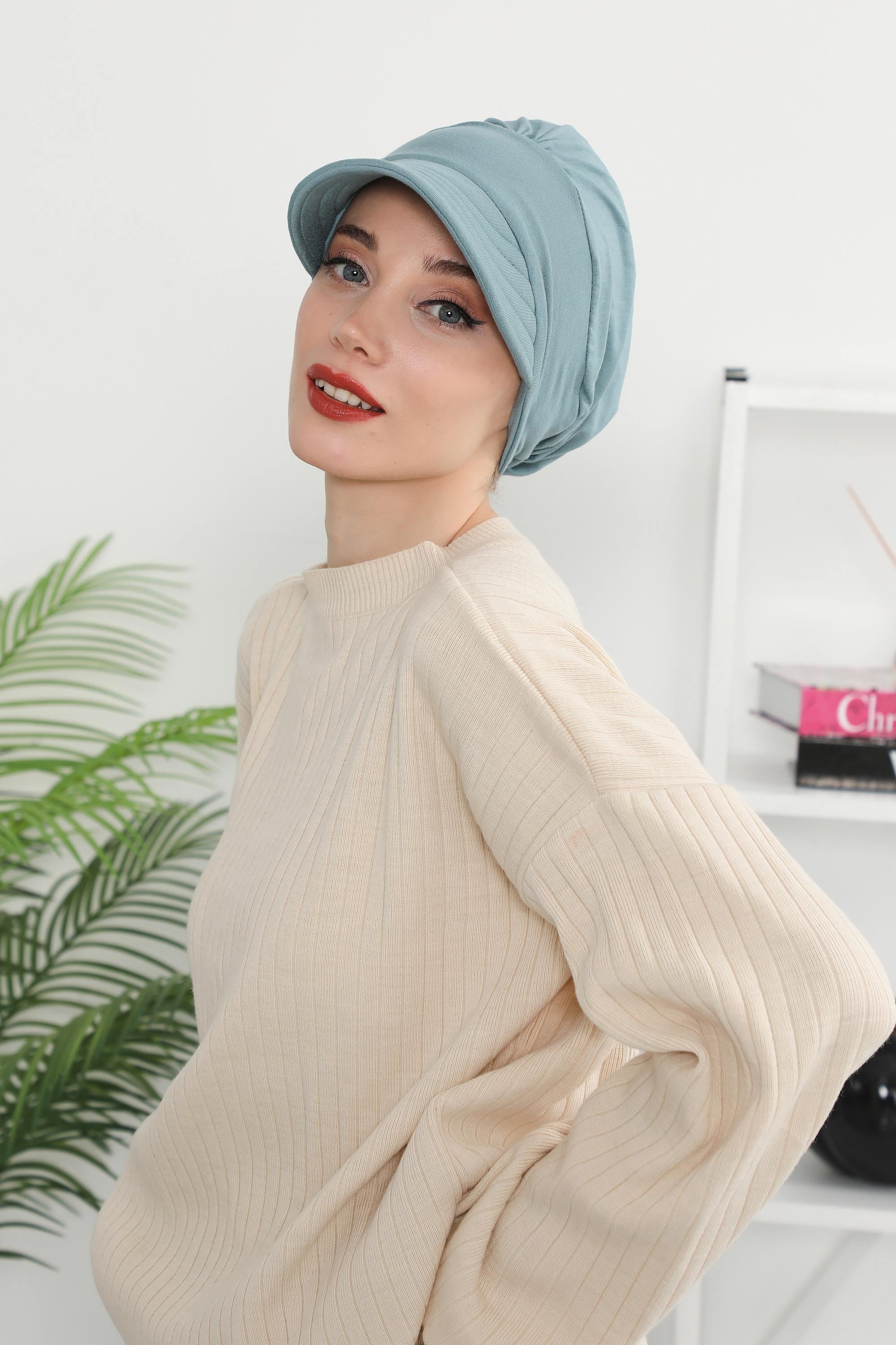 Cotton Visor Women Turban Hat, Sun Protective Newsboy Hat for Women, 95% Cotton Plain Casual Hijab Bonnet Chemo Cap,B-73 Dark Mint