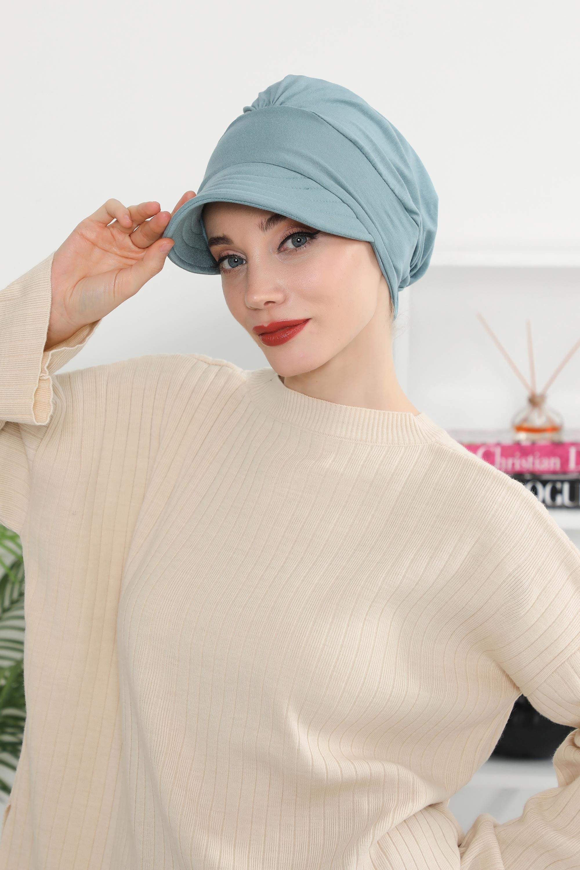 Cotton Visor Women Turban Hat, Sun Protective Newsboy Hat for Women, 95% Cotton Plain Casual Hijab Bonnet Chemo Cap,B-73 Dark Mint