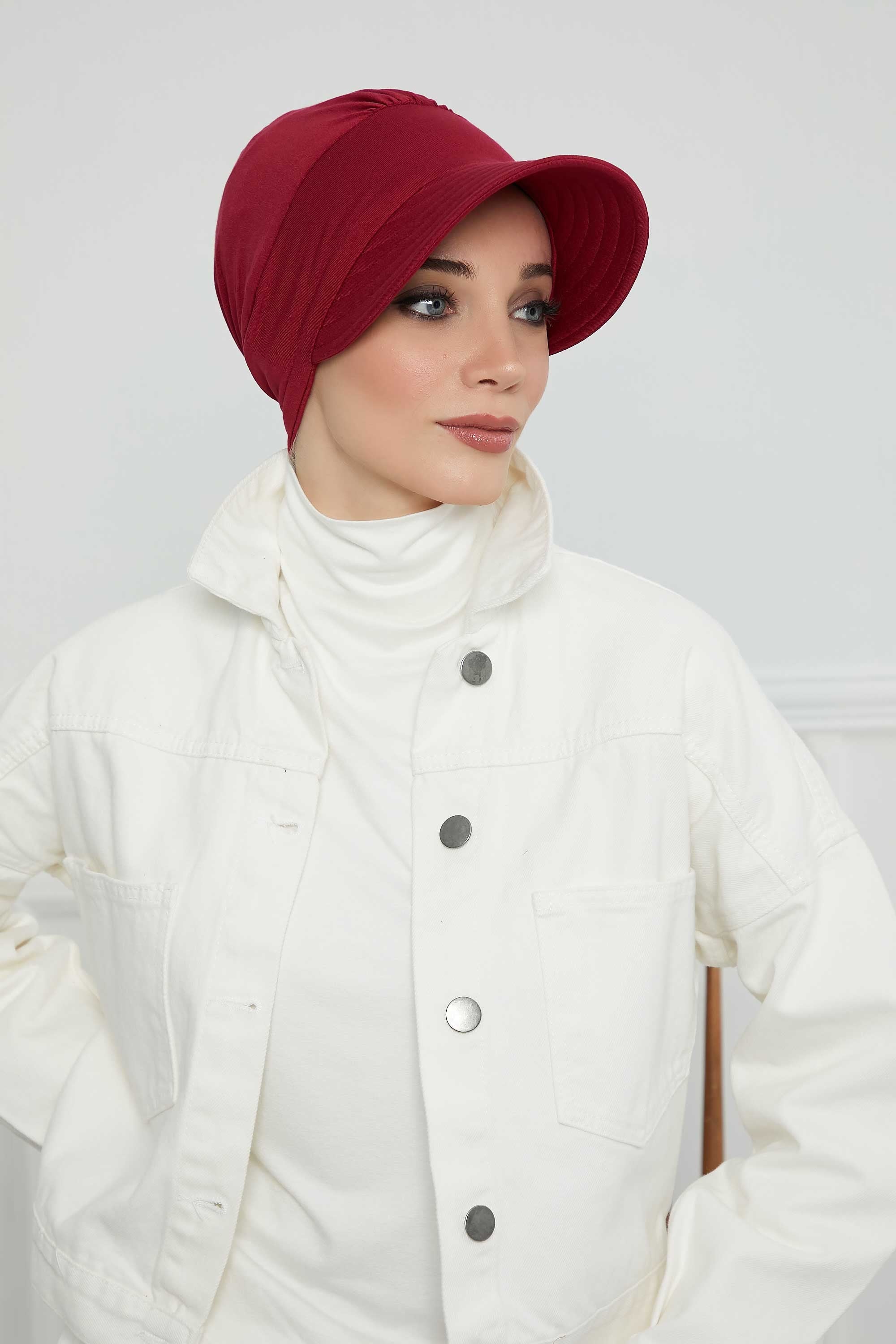 Cotton Visor Women Turban Hat, Sun Protective Newsboy Hat for Women, 95% Cotton Plain Casual Hijab Bonnet Chemo Cap,B-73 Maroon