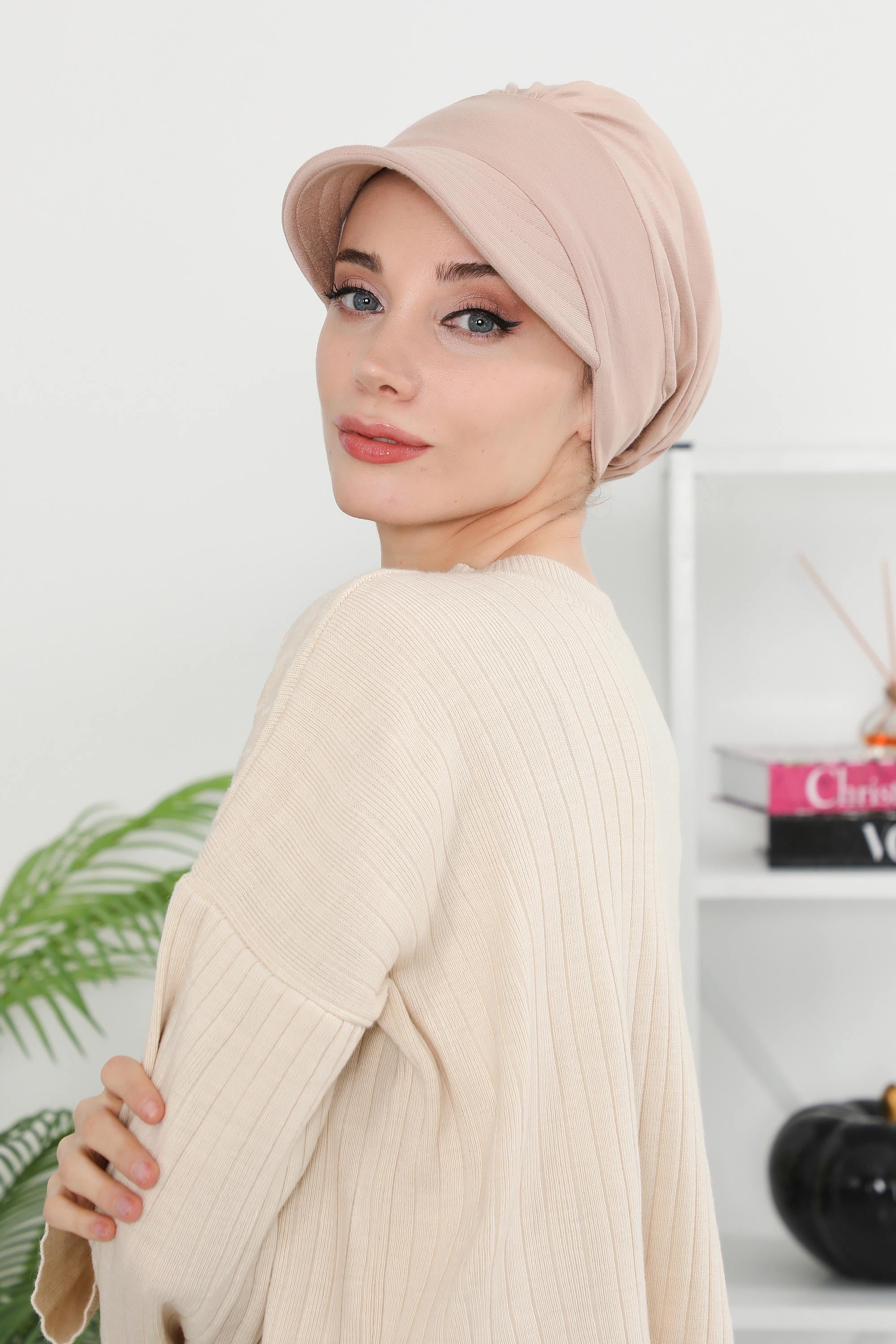 Cotton Visor Women Turban Hat, Sun Protective Newsboy Hat for Women, 95% Cotton Plain Casual Hijab Bonnet Chemo Cap,B-73 Light Mink