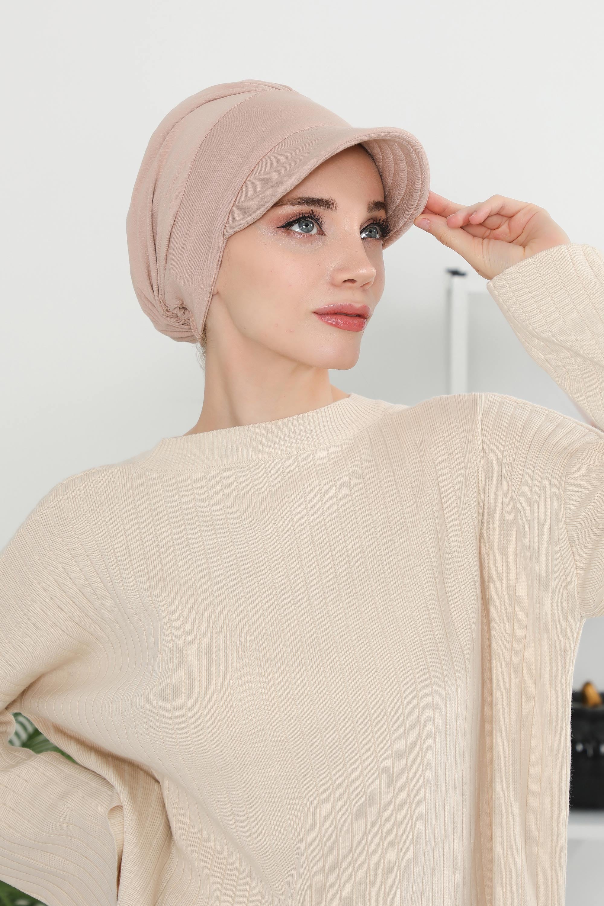 Cotton Visor Women Turban Hat, Sun Protective Newsboy Hat for Women, 95% Cotton Plain Casual Hijab Bonnet Chemo Cap,B-73 Light Mink