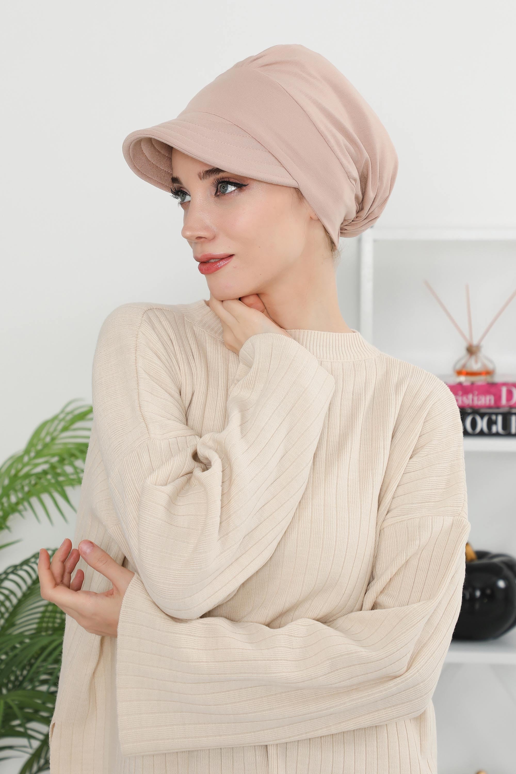 Cotton Visor Women Turban Hat, Sun Protective Newsboy Hat for Women, 95% Cotton Plain Casual Hijab Bonnet Chemo Cap,B-73 Light Mink