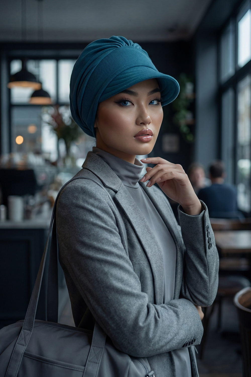 Cotton Visor Women Turban Hat, Sun Protective Newsboy Hat for Women, 95% Cotton Plain Casual Hijab Bonnet Chemo Cap,B-73 Petrol Blue