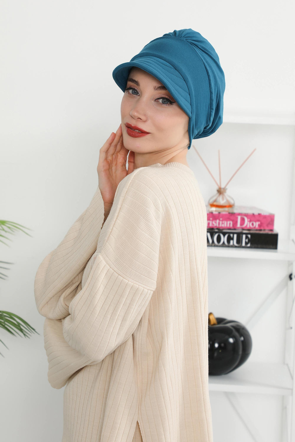 Cotton Visor Women Turban Hat, Sun Protective Newsboy Hat for Women, 95% Cotton Plain Casual Hijab Bonnet Chemo Cap,B-73 Petrol Blue