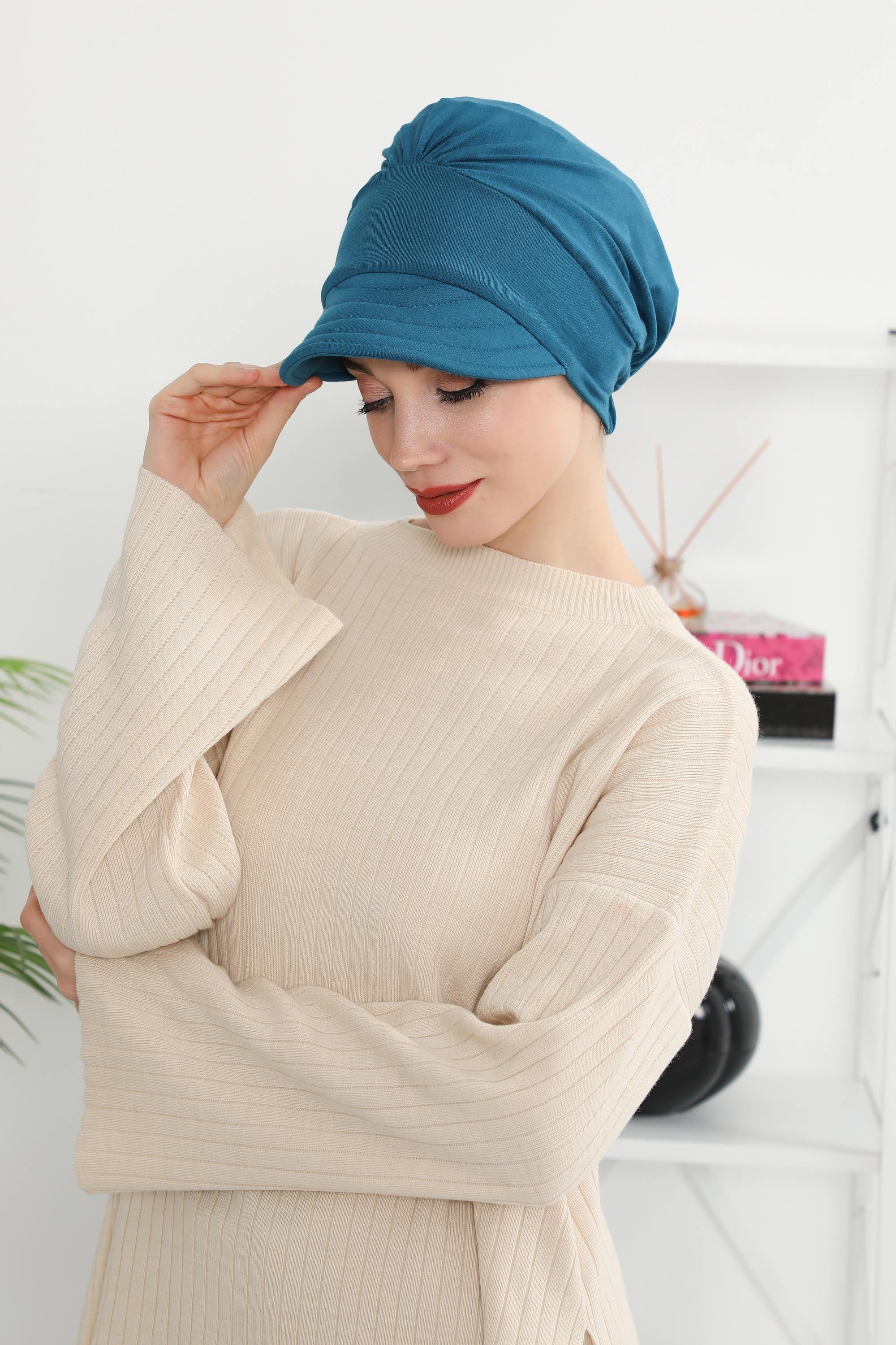 Cotton Visor Women Turban Hat, Sun Protective Newsboy Hat for Women, 95% Cotton Plain Casual Hijab Bonnet Chemo Cap,B-73 Petrol Blue