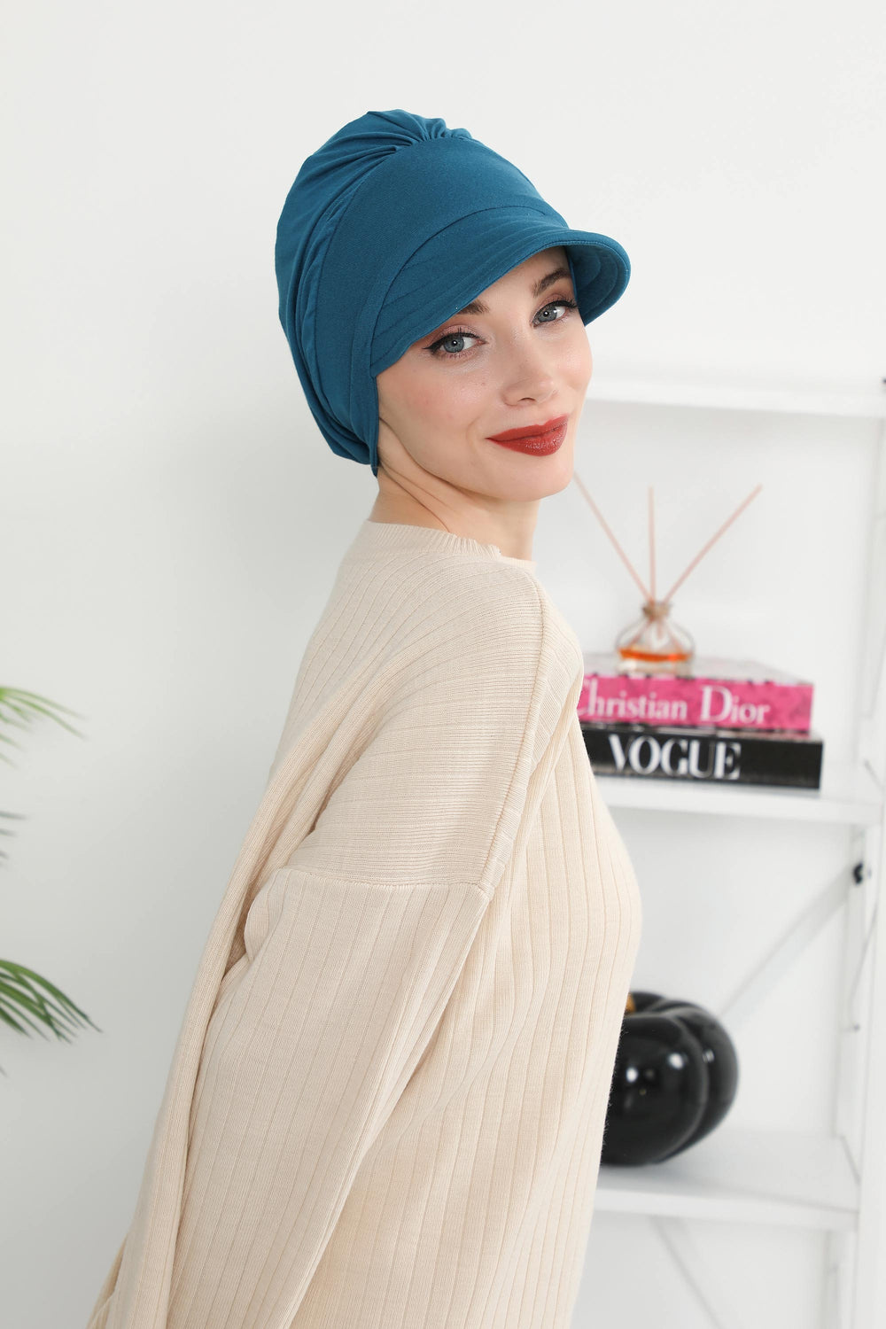 Cotton Visor Women Turban Hat, Sun Protective Newsboy Hat for Women, 95% Cotton Plain Casual Hijab Bonnet Chemo Cap,B-73 Petrol Blue