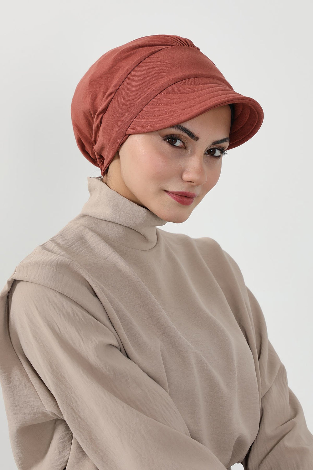 Cotton Visor Women Turban Hat, Sun Protective Newsboy Hat for Women, 95% Cotton Plain Casual Hijab Bonnet Chemo Cap,B-73 Cinnamon