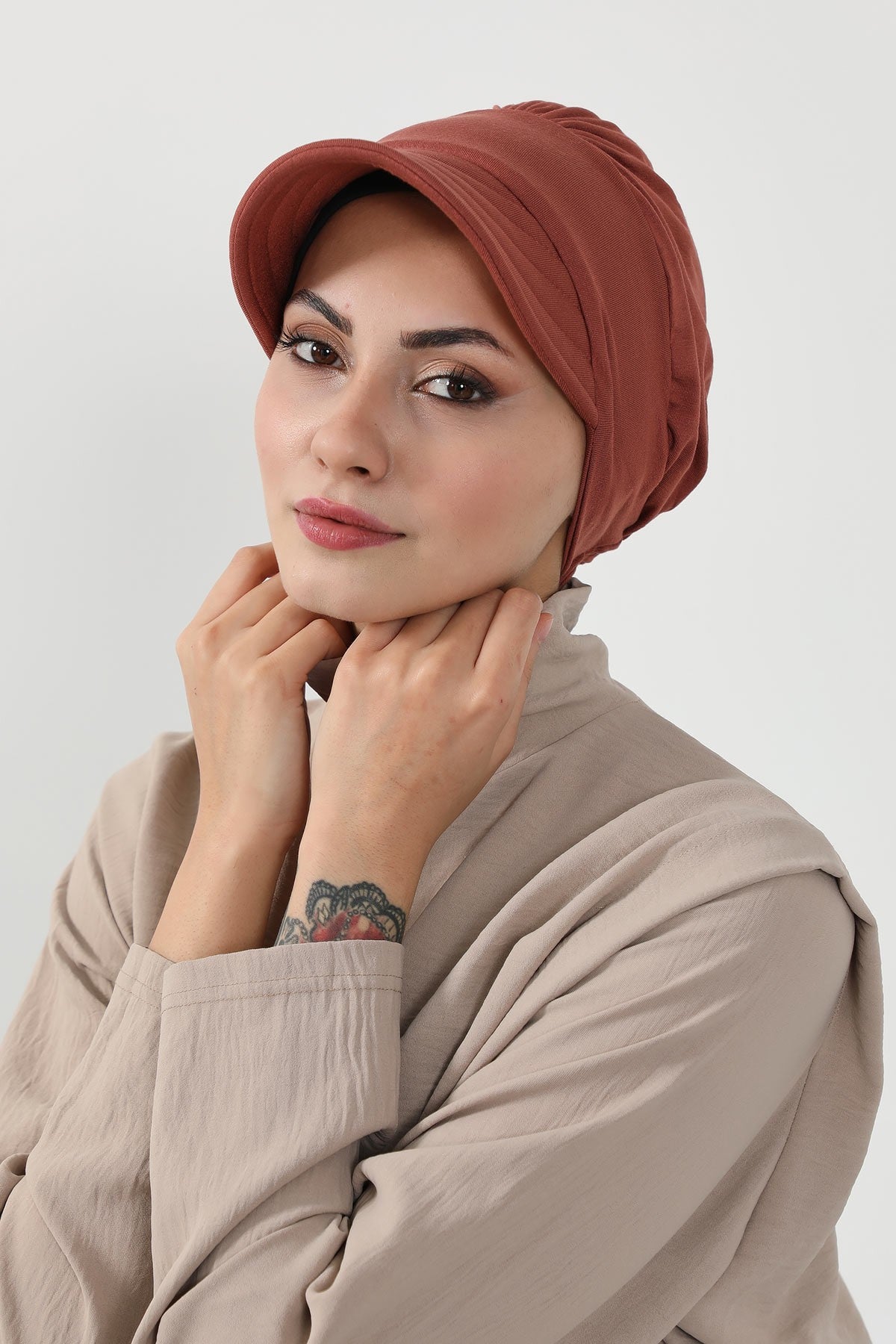 Cotton Visor Women Turban Hat, Sun Protective Newsboy Hat for Women, 95% Cotton Plain Casual Hijab Bonnet Chemo Cap,B-73 Cinnamon