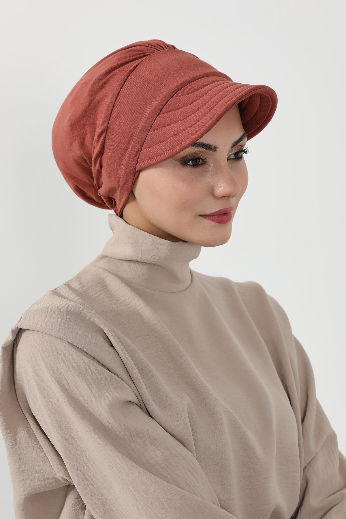 Cotton Visor Women Turban Hat, Sun Protective Newsboy Hat for Women, 95% Cotton Plain Casual Hijab Bonnet Chemo Cap,B-73 Cinnamon